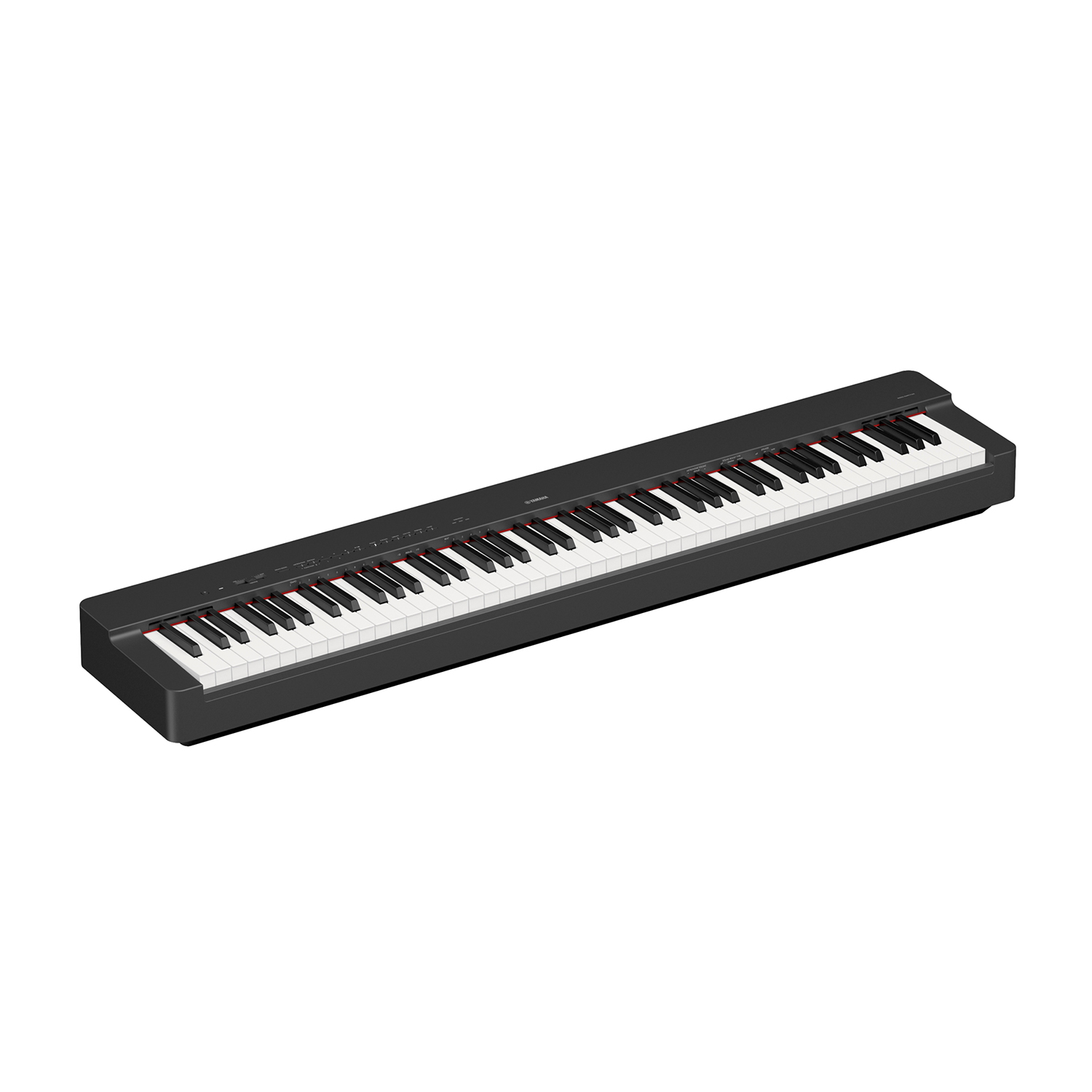 Ein schwarzes Digitalpiano mit weißen und schwarzen Tasten, auf weißem Hintergrund.