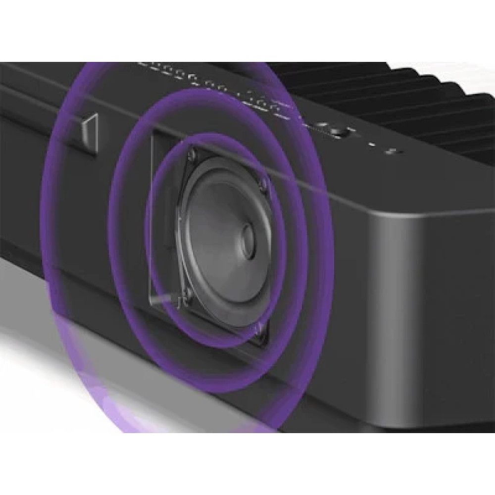 Czarny głośnik z fioletowymi falami dźwiękowymi, zbliżenie.