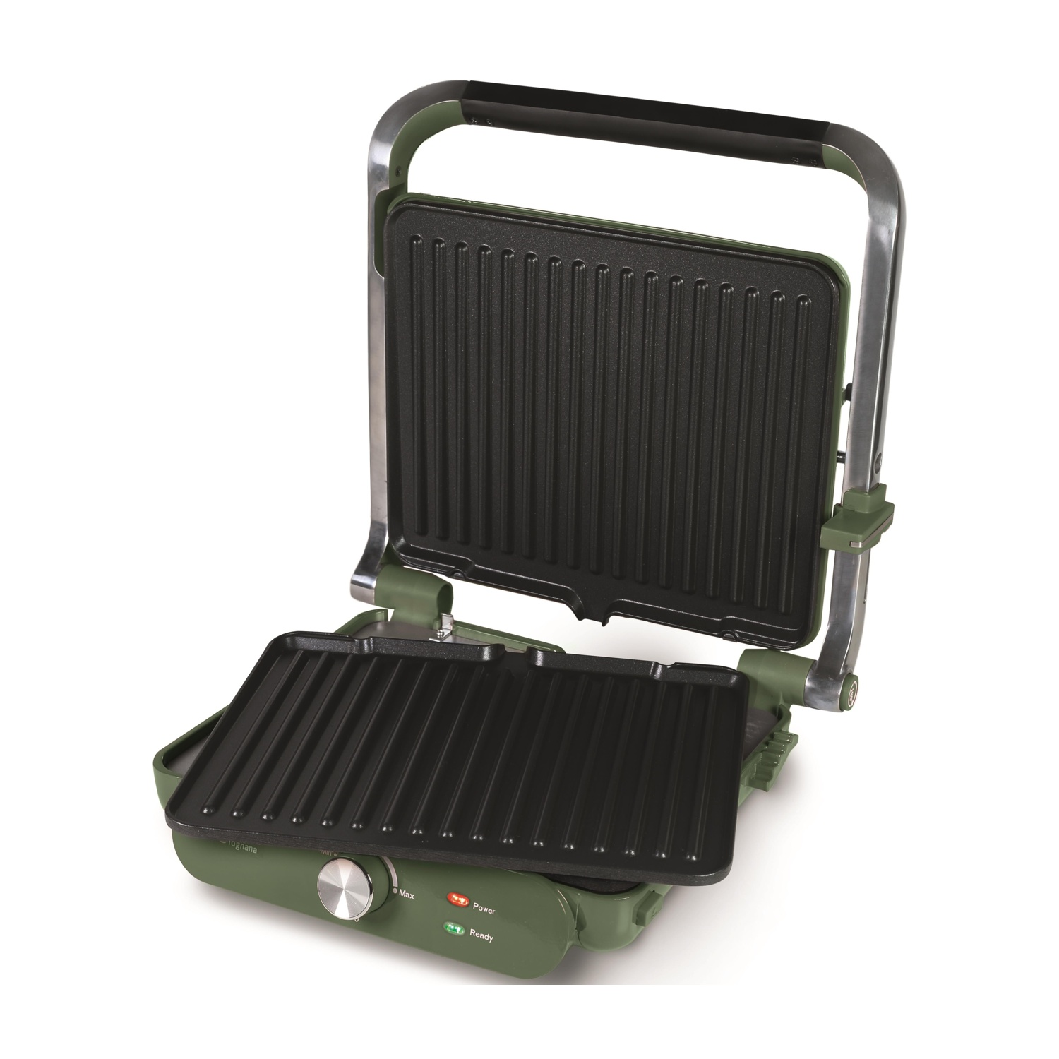 Grill a contatto verde con due piastre rigate, aperto.