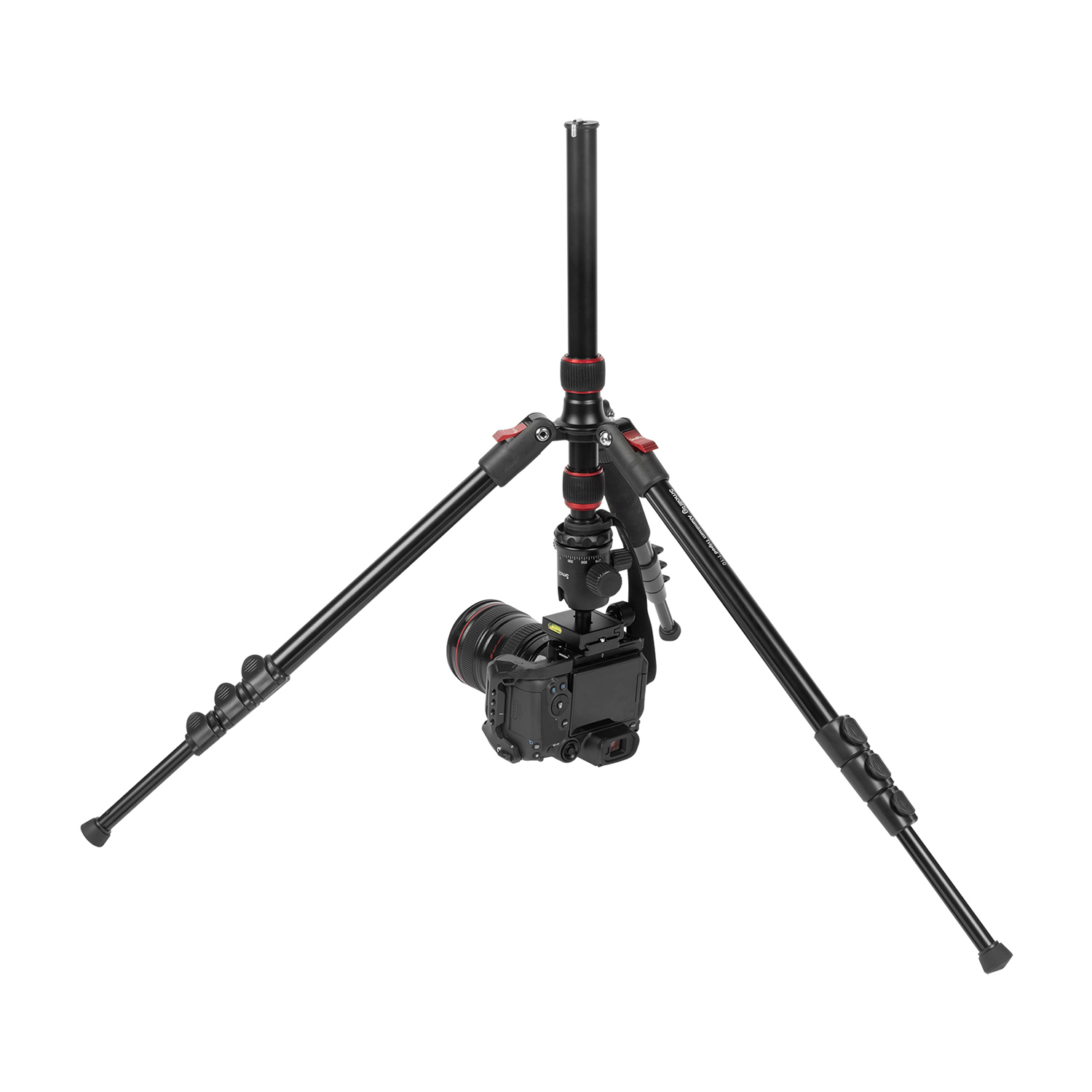 A black tripod with a camera hanging downwards.
