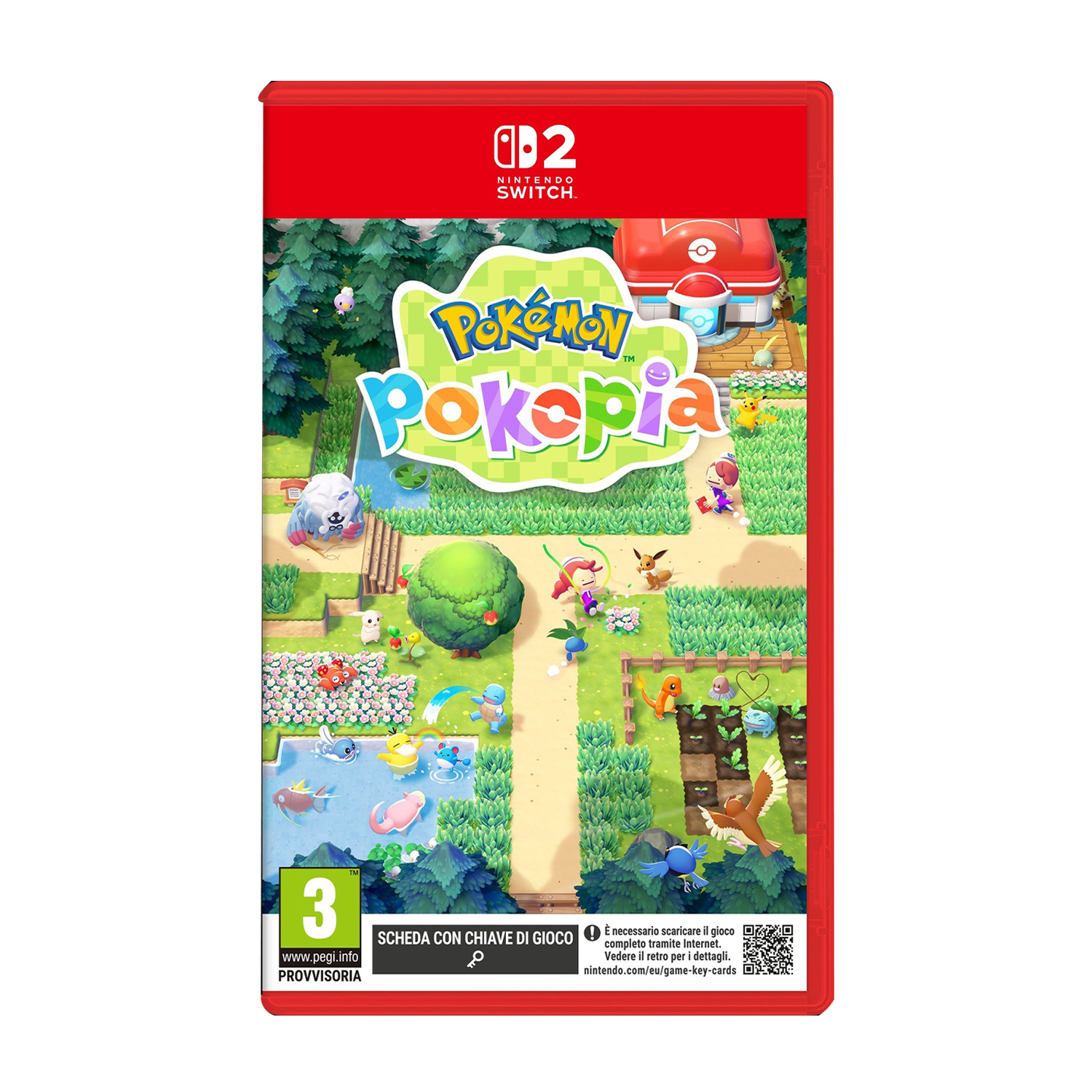 Pudełko gry Nintendo Switch: Pokémon Poképia z uroczymi postaciami w zielonym krajobrazie.