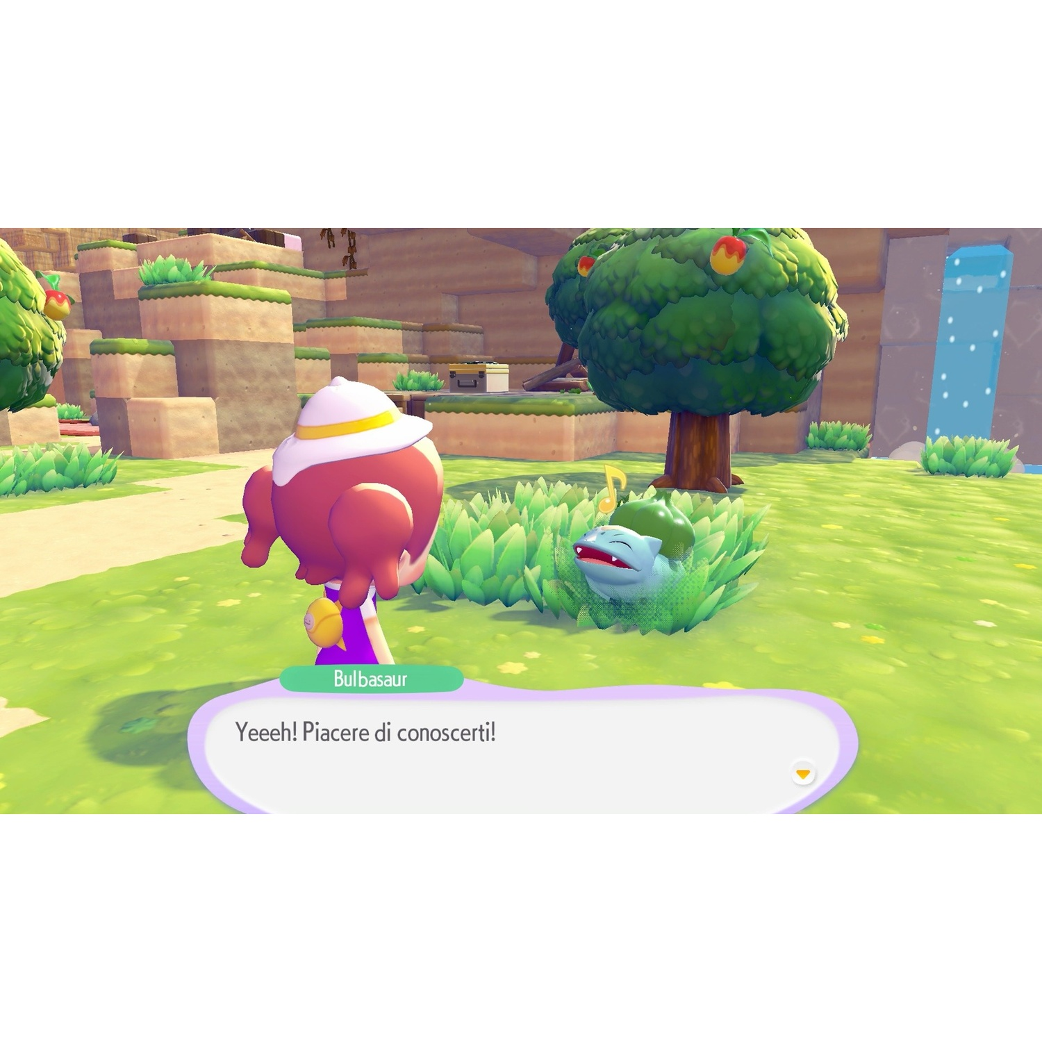 Postać spotyka Bulbasaura w zielonym krajobrazie z drzewami.