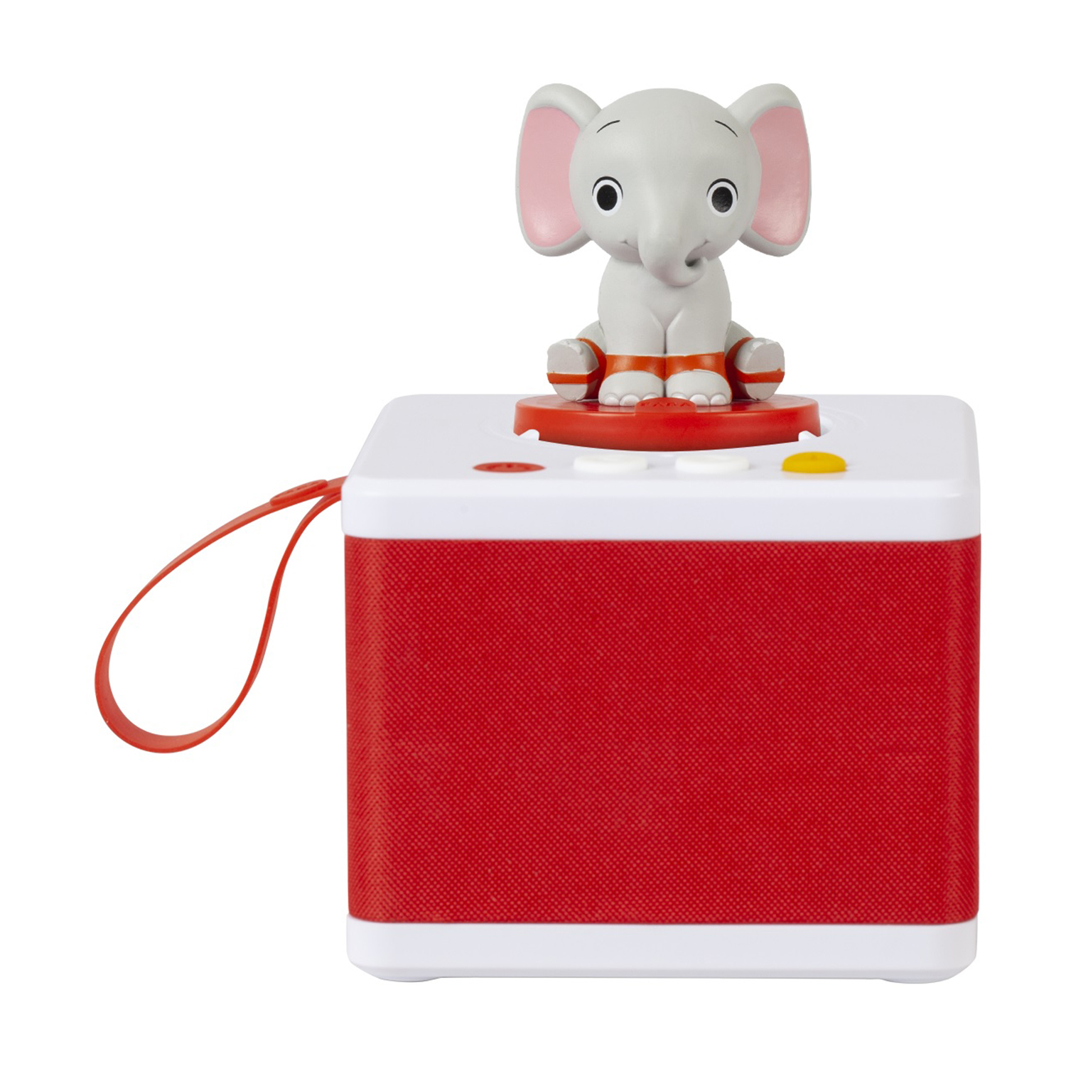 Un elefante giocattolo siede su un cubo rosso e bianco con un pulsante giallo.