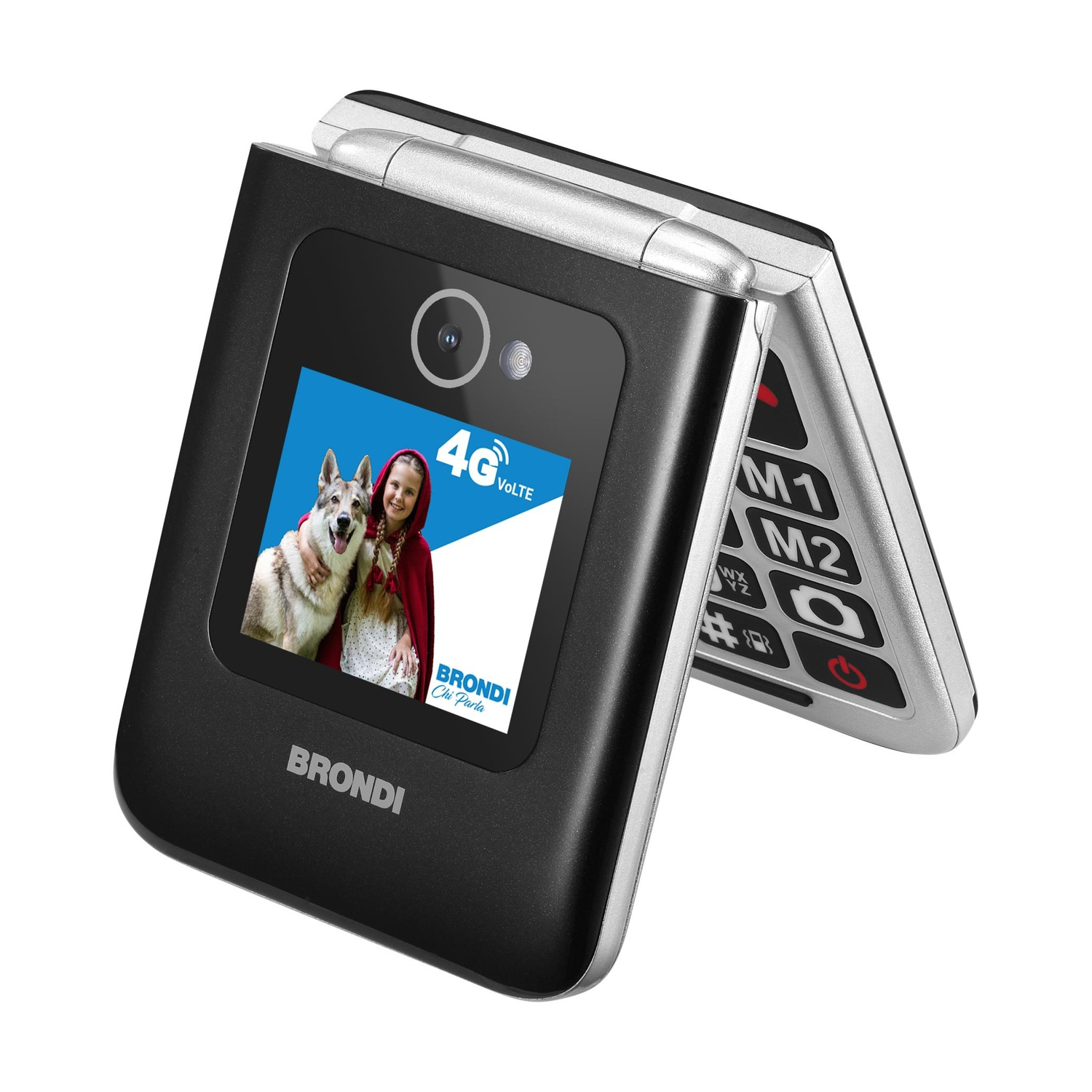 Czarny telefon klapkowy z obrazem dziewczynki i psa na ekranie.