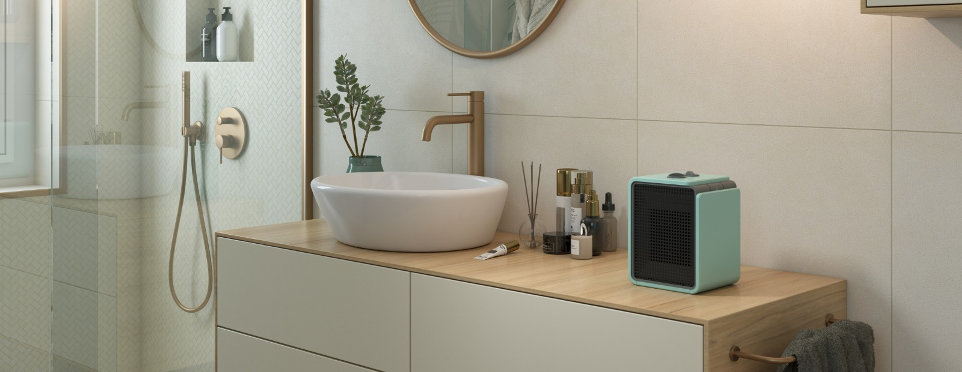 Un mobile bagno moderno con un termoventilatore portatile color menta.