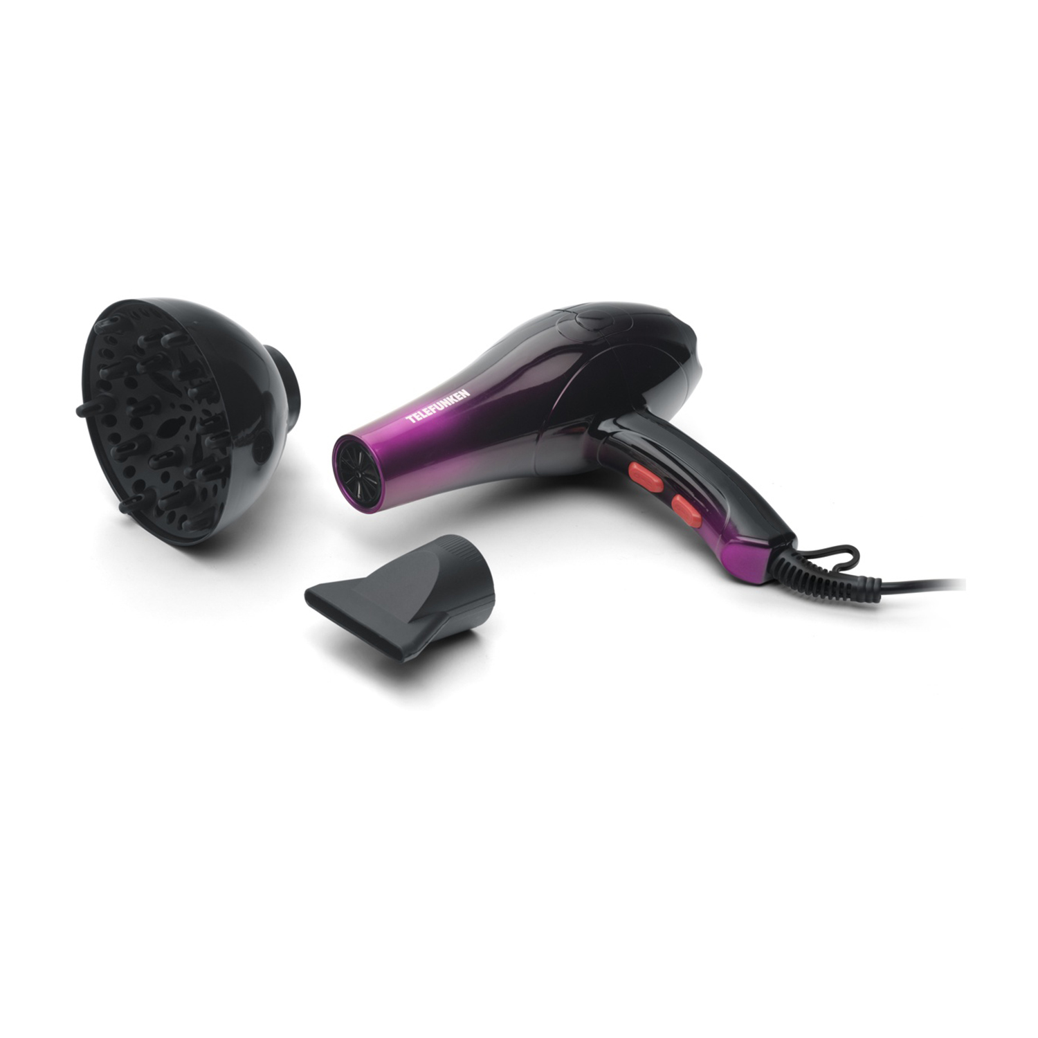 Schwarzer Haartrockner mit violettem Farbverlauf und Zubehörteilen.