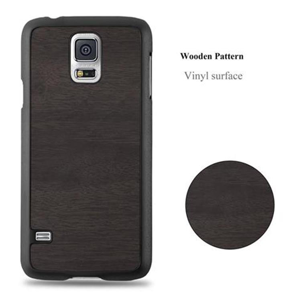 Custodia per telefono grigio scuro con motivo a venature di legno e cornice nera.
