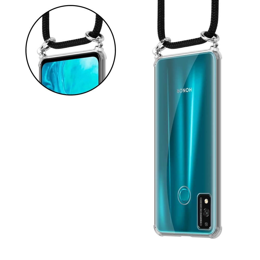 Una cover trasparente per telefono con un cordino nero appeso al collo.