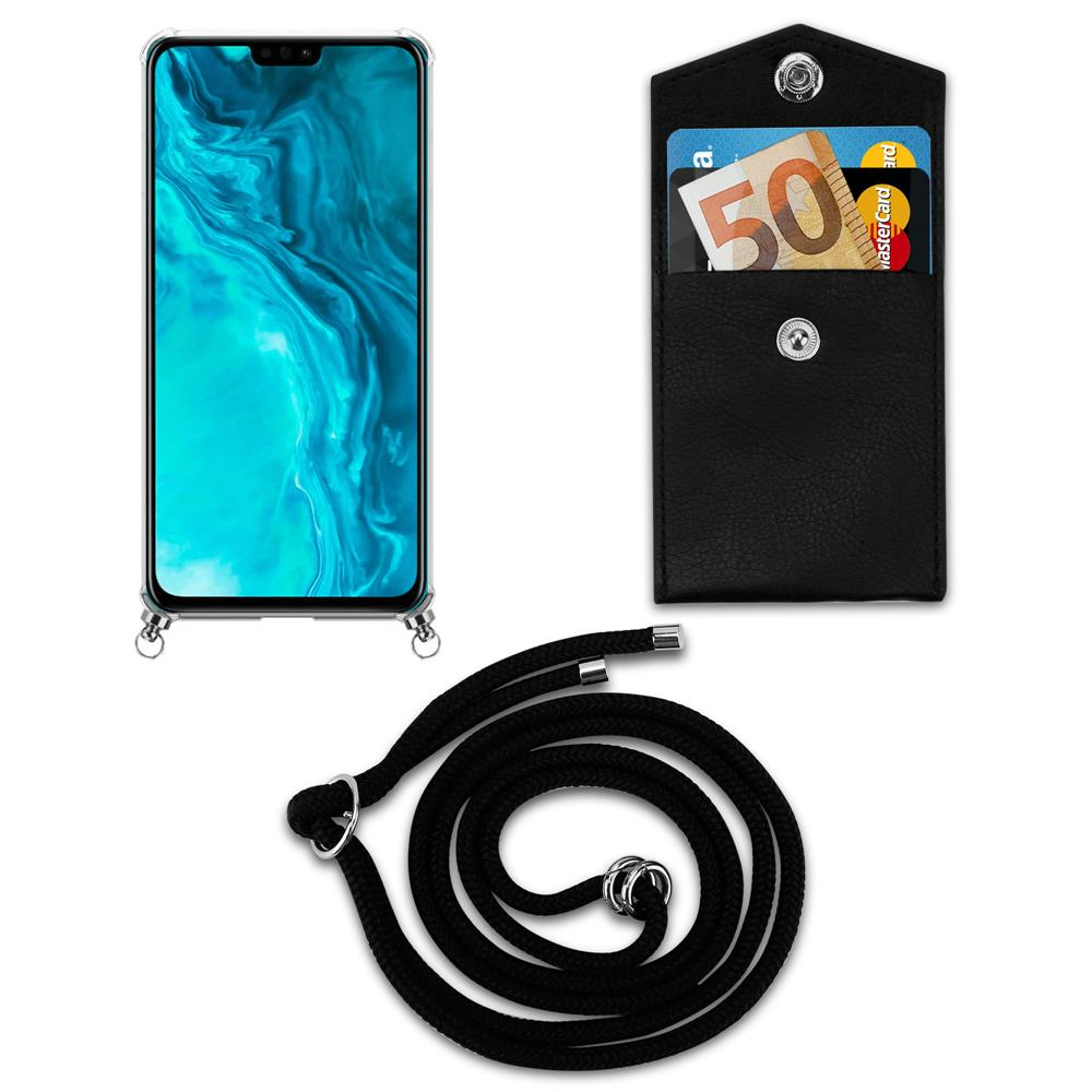 Smartphone con custodia, portafoglio con soldi e carta, e cordino su sfondo bianco.