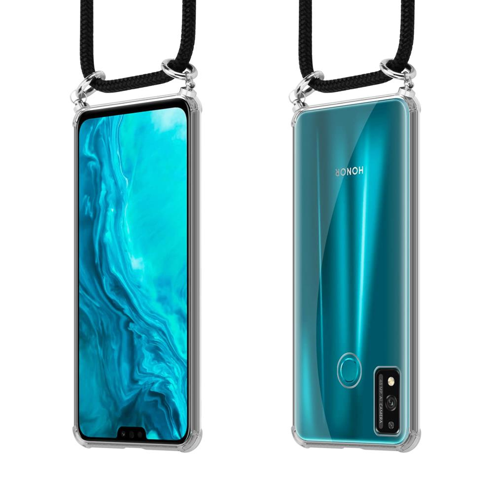 Uno smartphone in custodia trasparente con laccetto nero, visto fronte e retro.