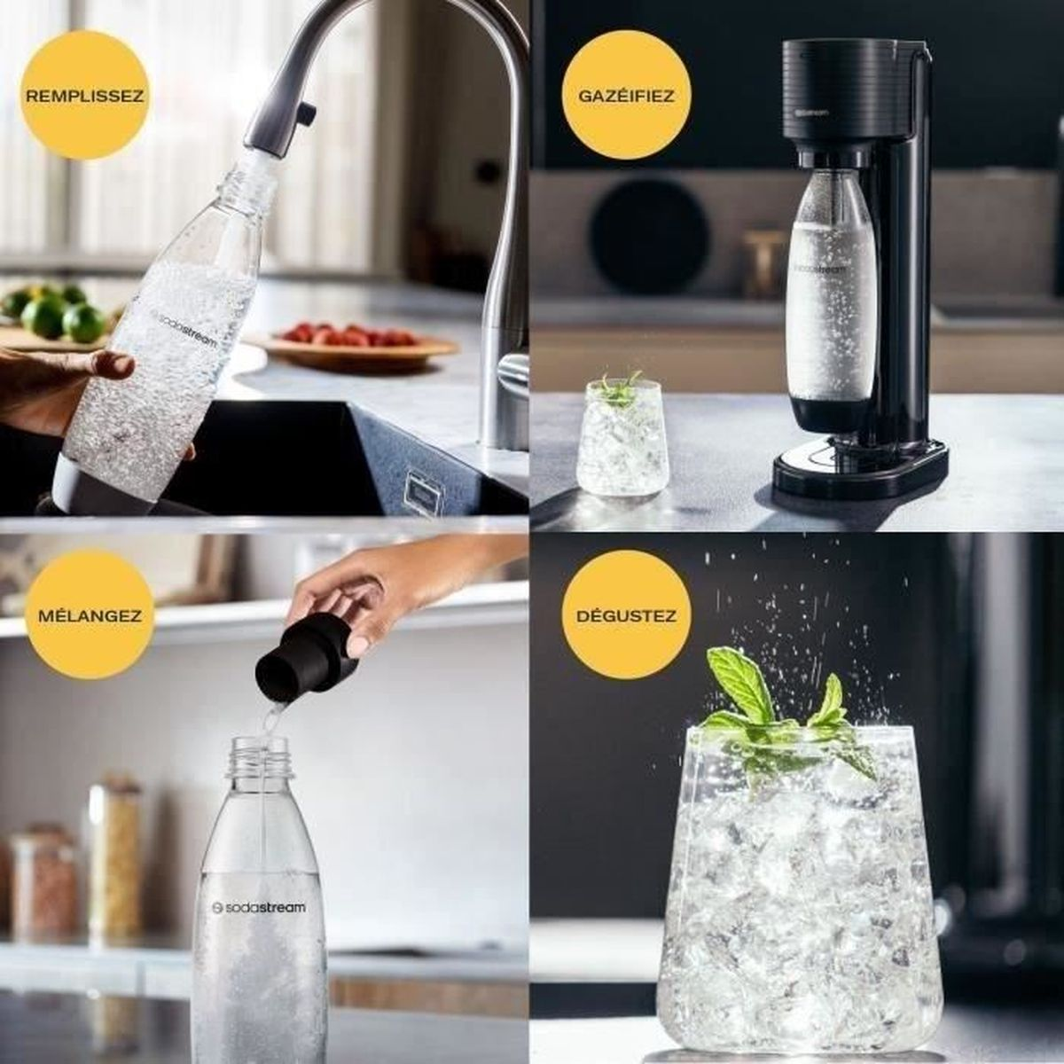 Vier afbeeldingen tonen het maken van SodaStream drankjes: Vullen, Carboniseren, Mengen, Genieten.