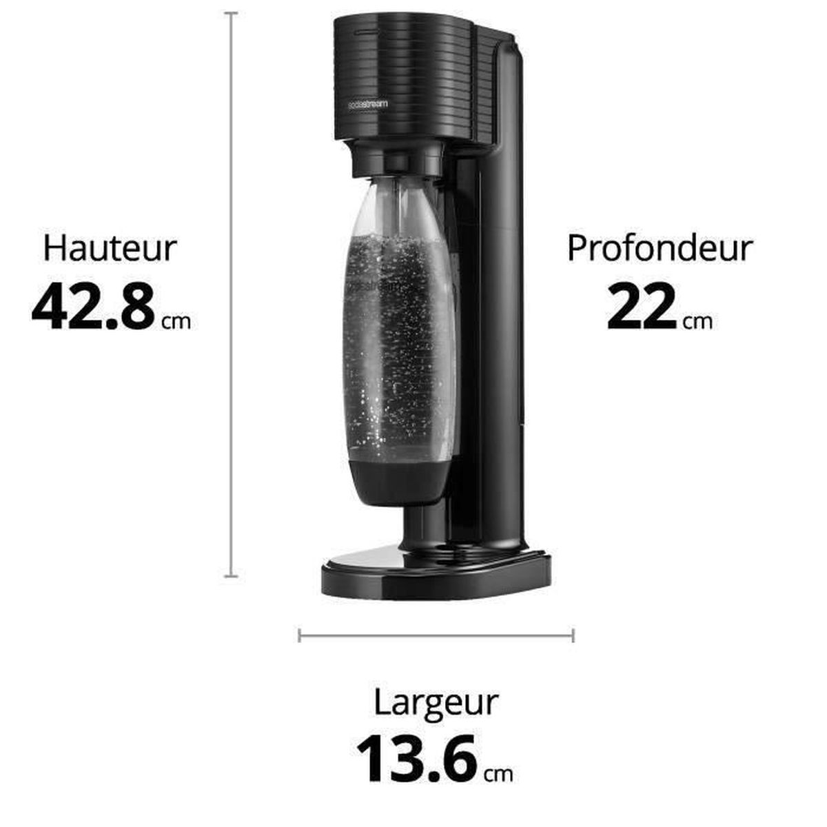 Zwarte bruiswatermaker met afmetingen: H 42,8 cm, D 22 cm, B 13,6 cm.