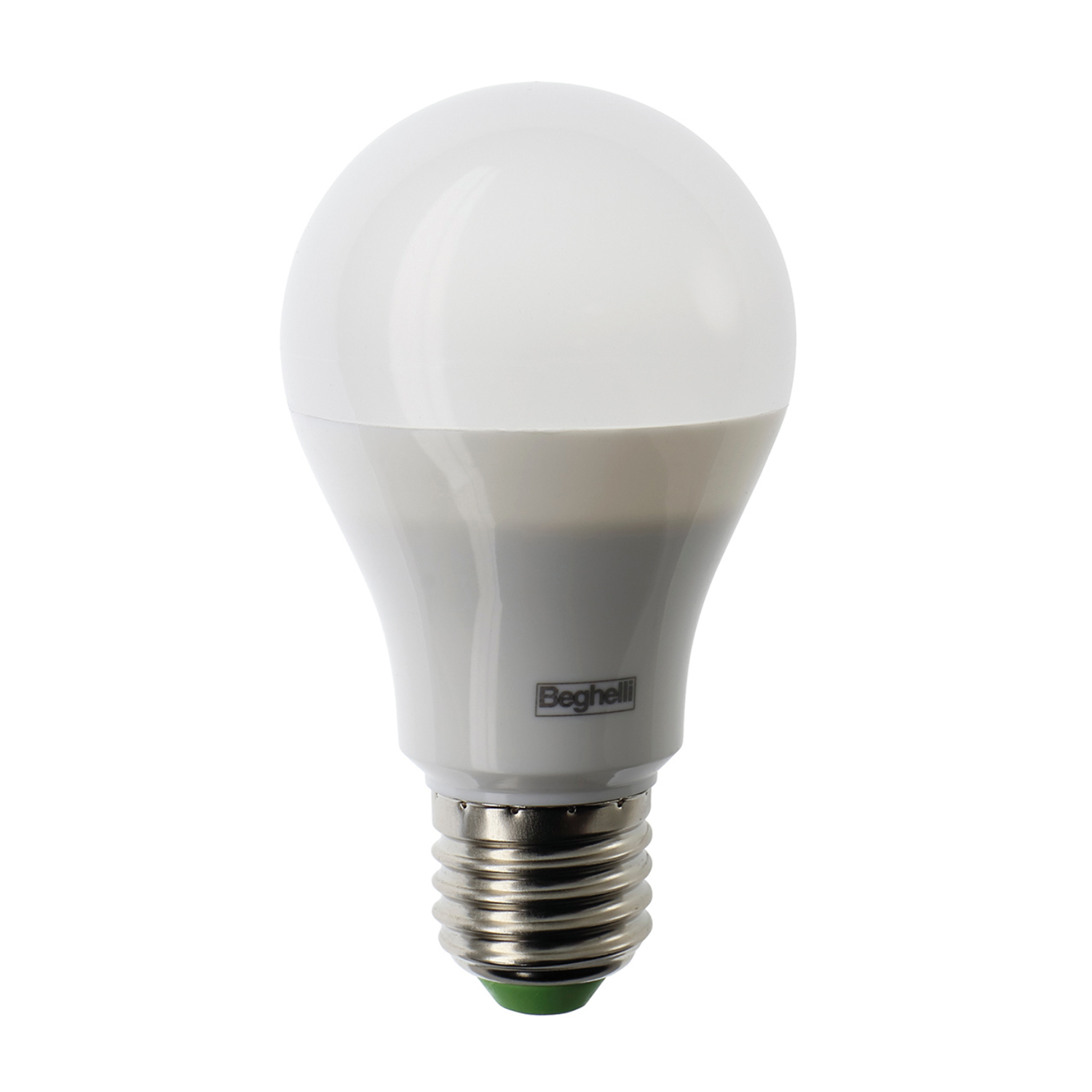 Una bombilla LED blanca con base de rosca y base verde.