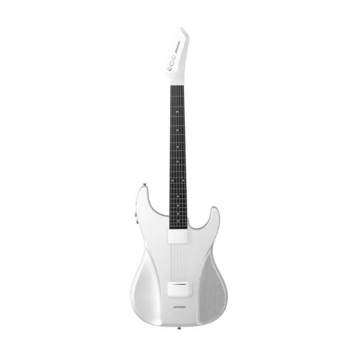 Biała gitara elektryczna z czarną podstrunnicą i srebrnymi elementami sterującymi.