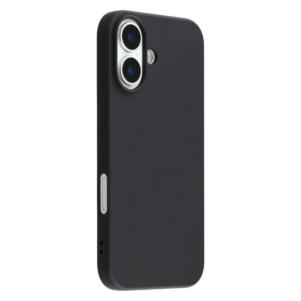 Una cover scura per telefono con due lenti per fotocamera e pulsanti argentati.