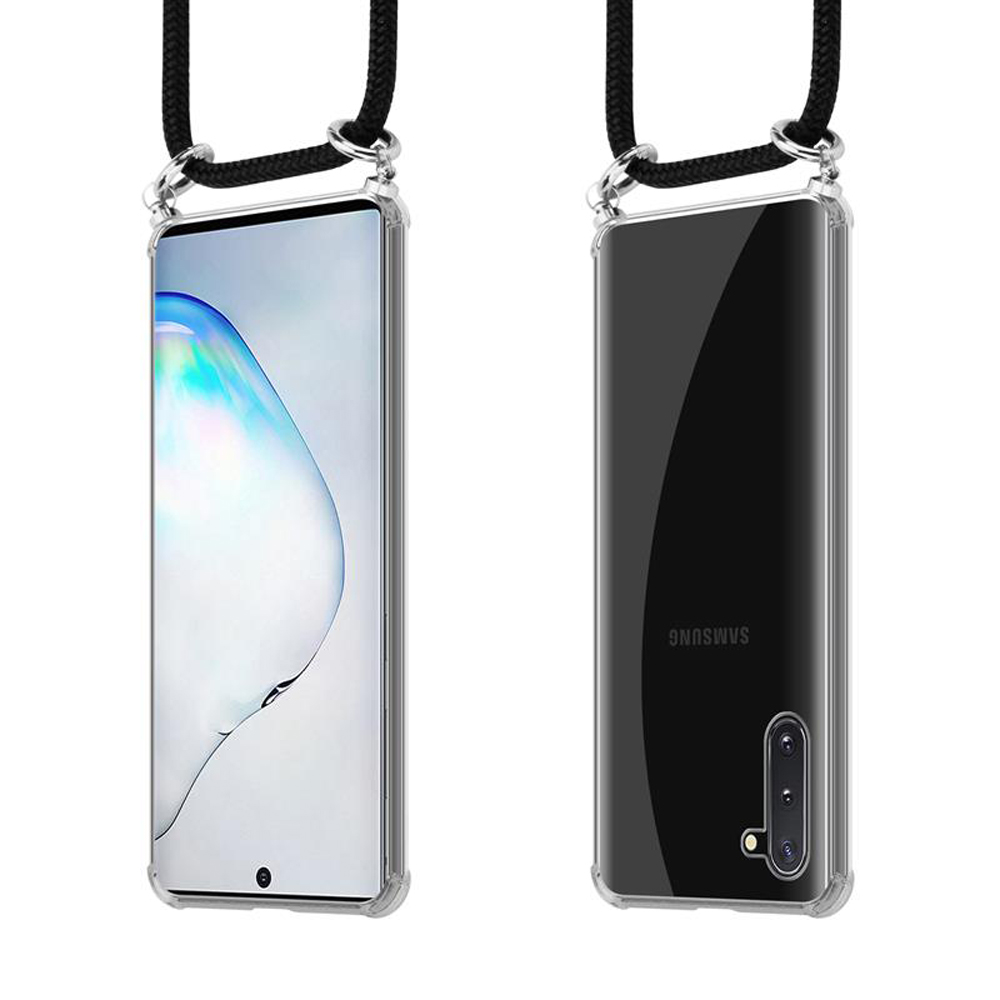 Uno smartphone in una custodia trasparente con un cordino nero attaccato alla parte superiore.