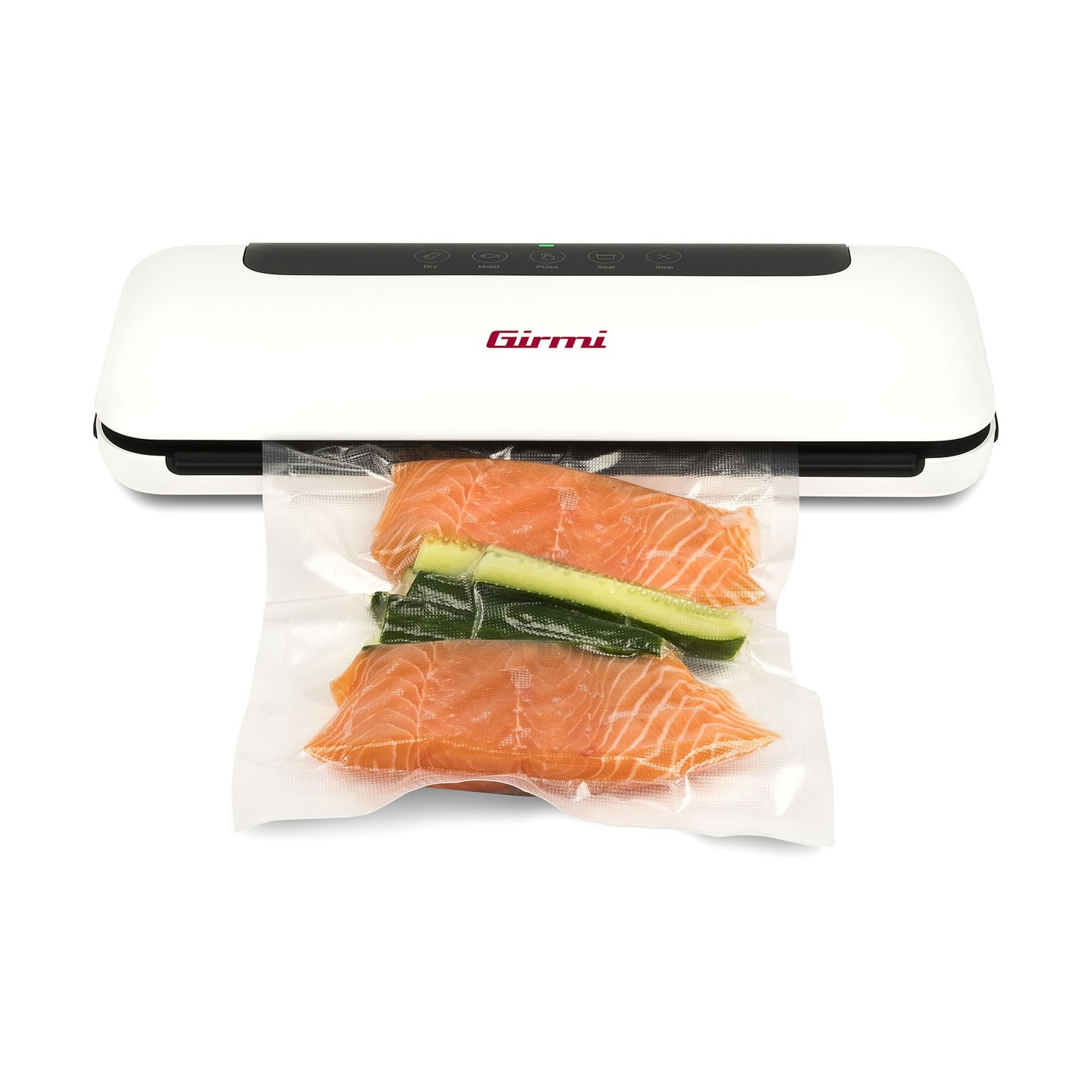 Una macchina sottovuoto Girmi bianca con due pezzi di salmone e fette di cetriolo.