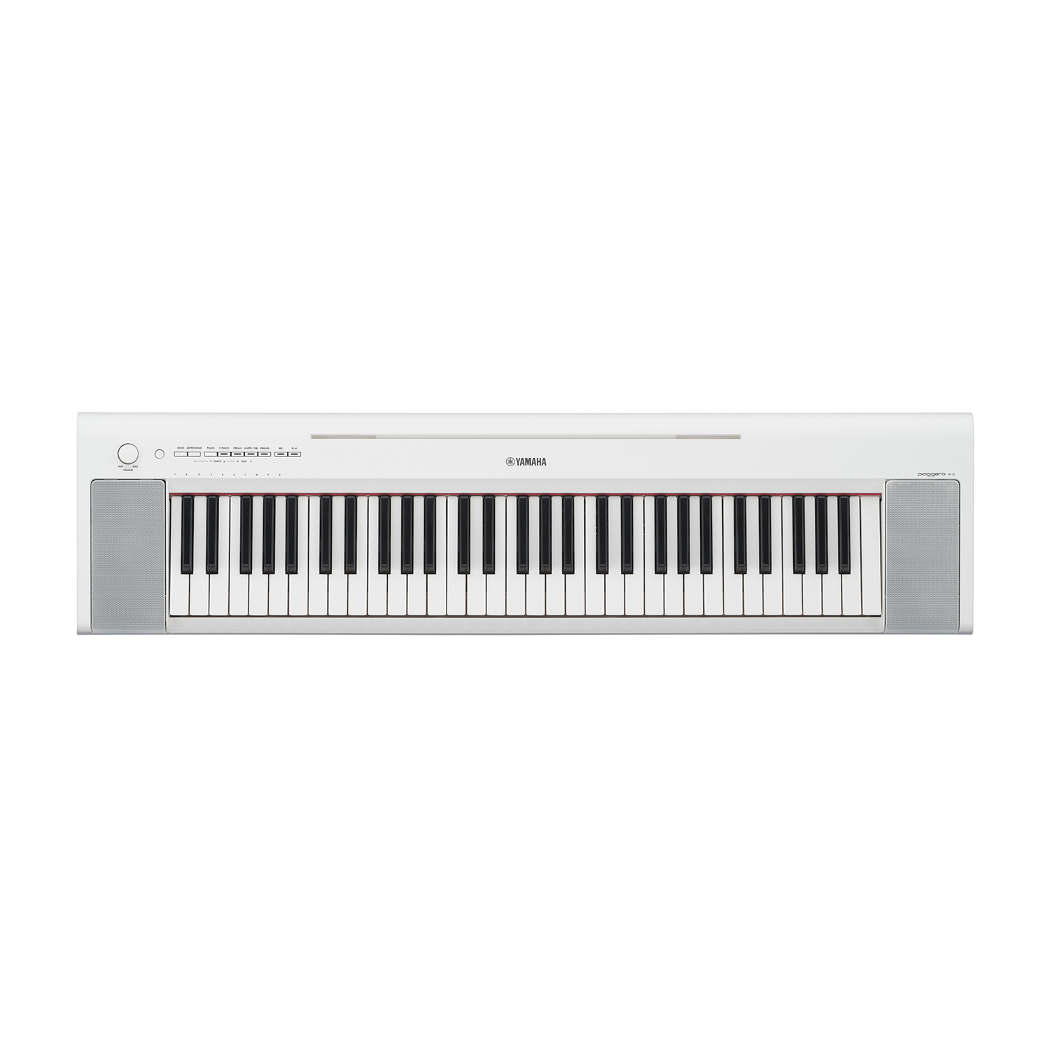 Ein weißes Yamaha Digitalpiano mit schwarzen und weißen Tasten und Lautsprechern.