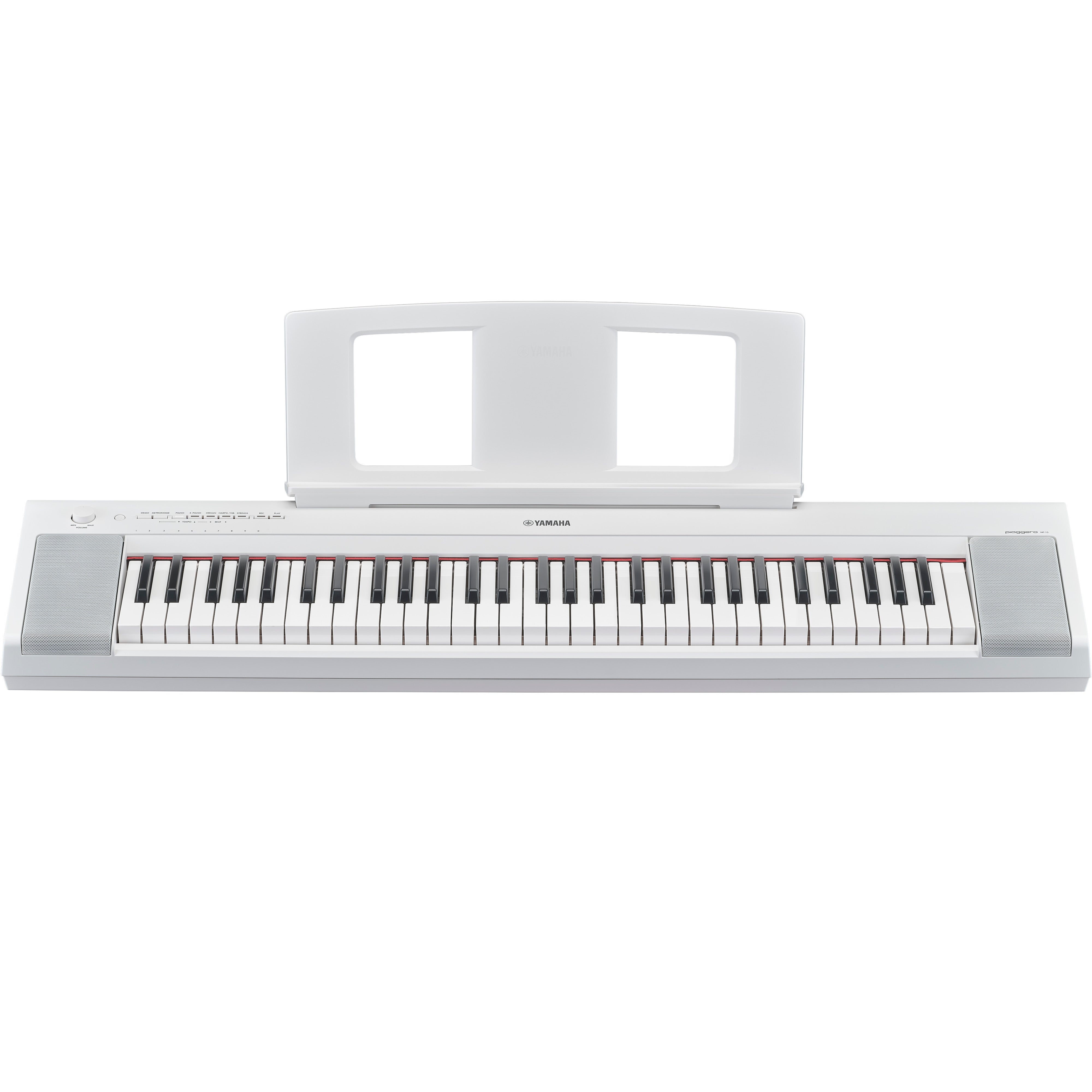 Un pianoforte digitale bianco con leggio e tasti neri.