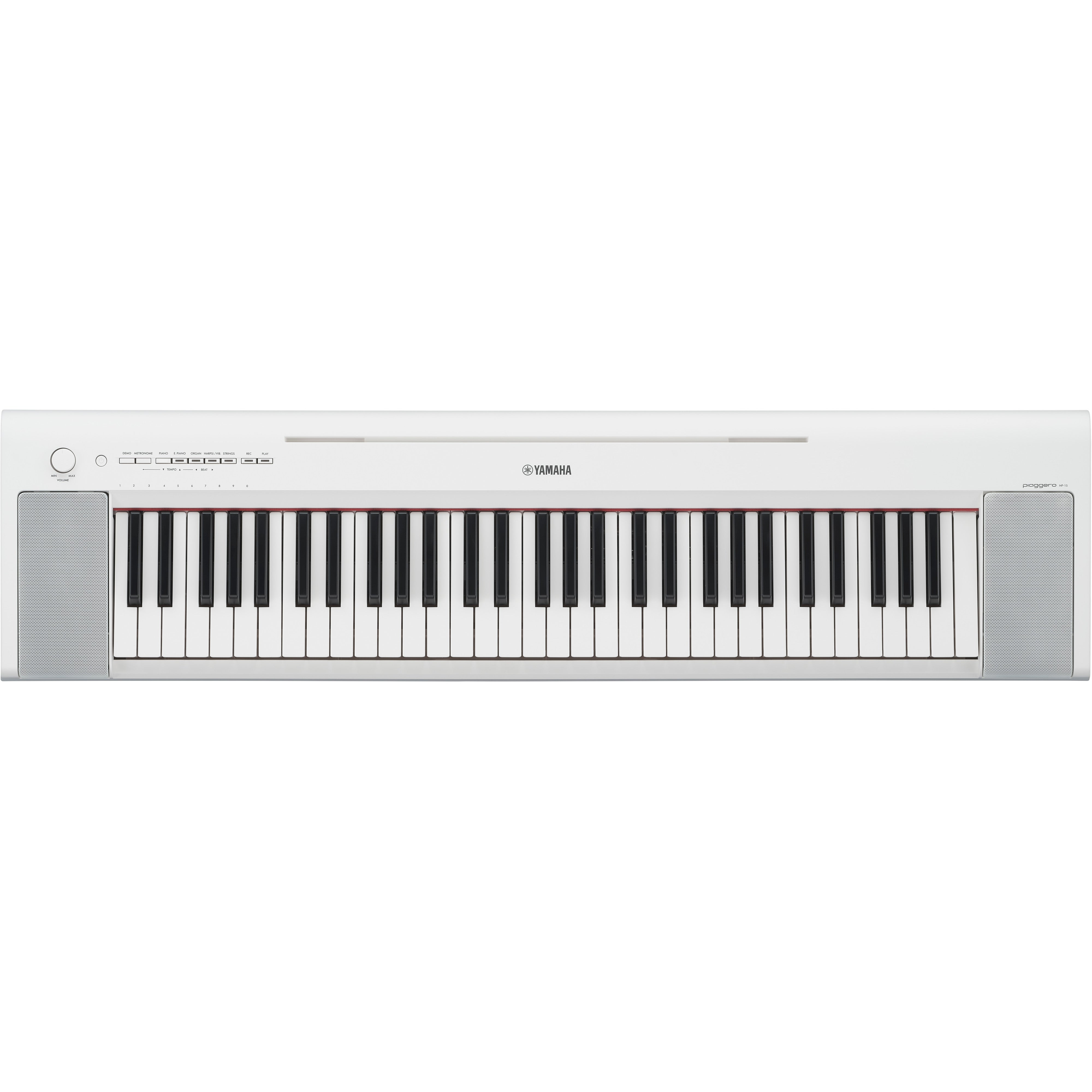 Una tastiera Yamaha Piaggero NP-15 bianca con tasti bianchi e neri e altoparlanti.