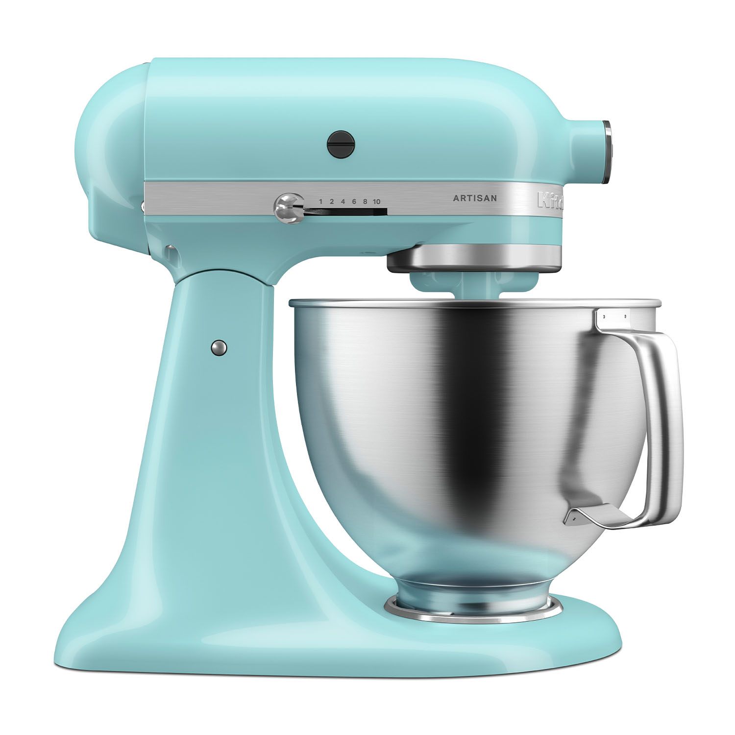 Een teal keukenmixer met een roestvrijstalen kom.