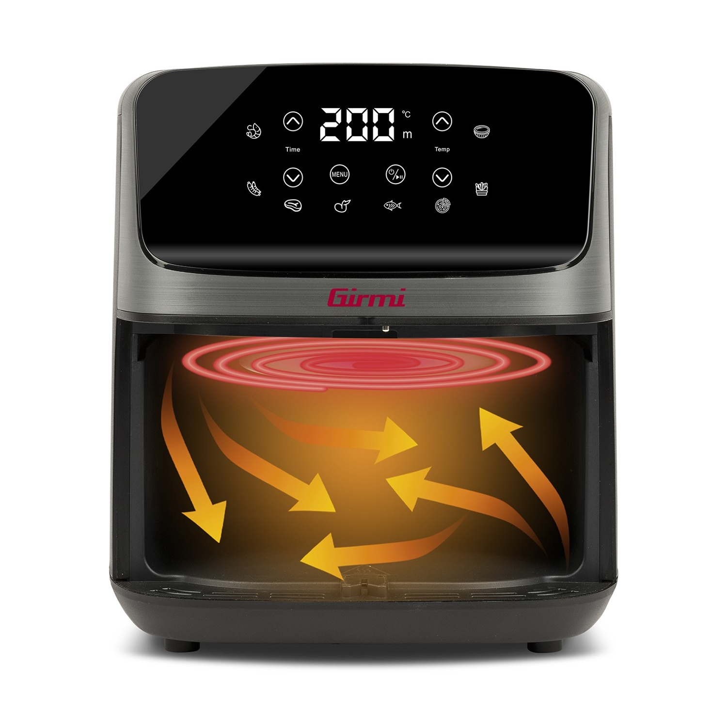 Ein Airfryer mit digitalem Display und Heißluftzirkulation.