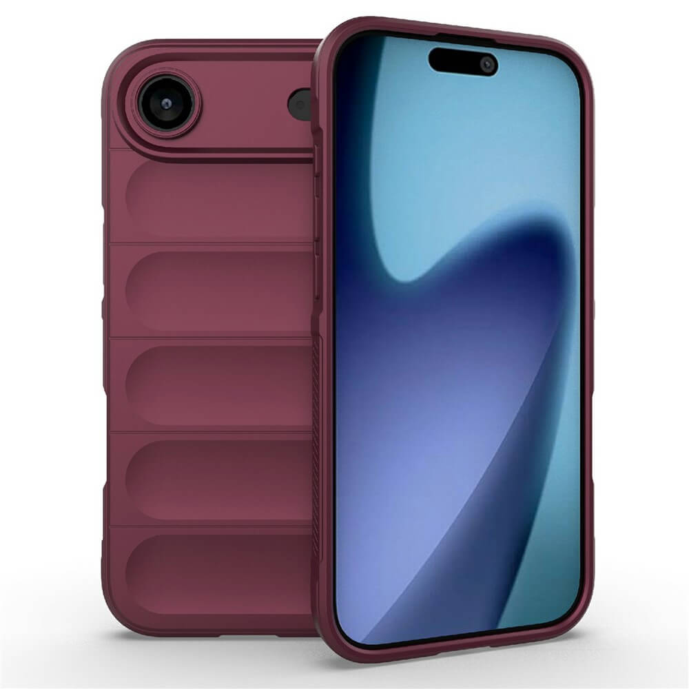 Coque de téléphone rouge foncé avec nervures et un smartphone à écran bleu.