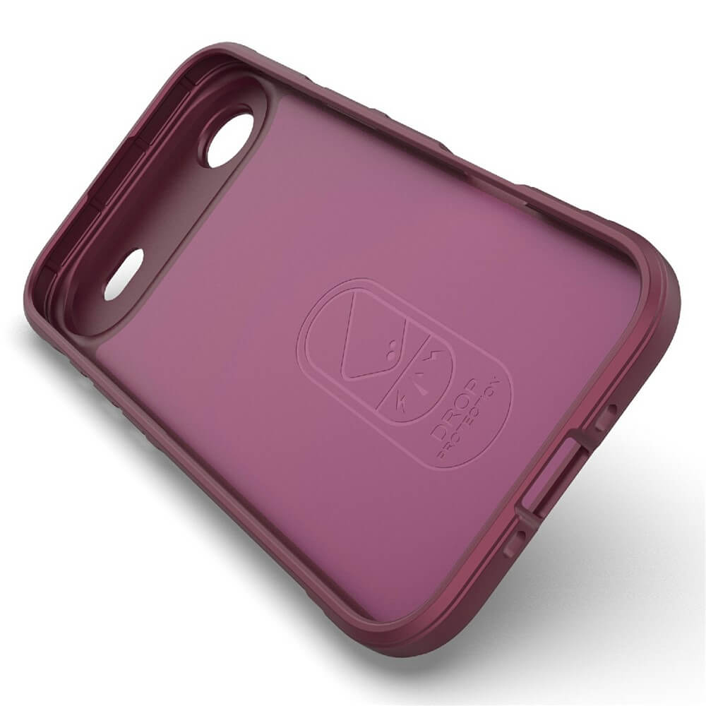 Coque de téléphone violette avec logo, fond blanc.