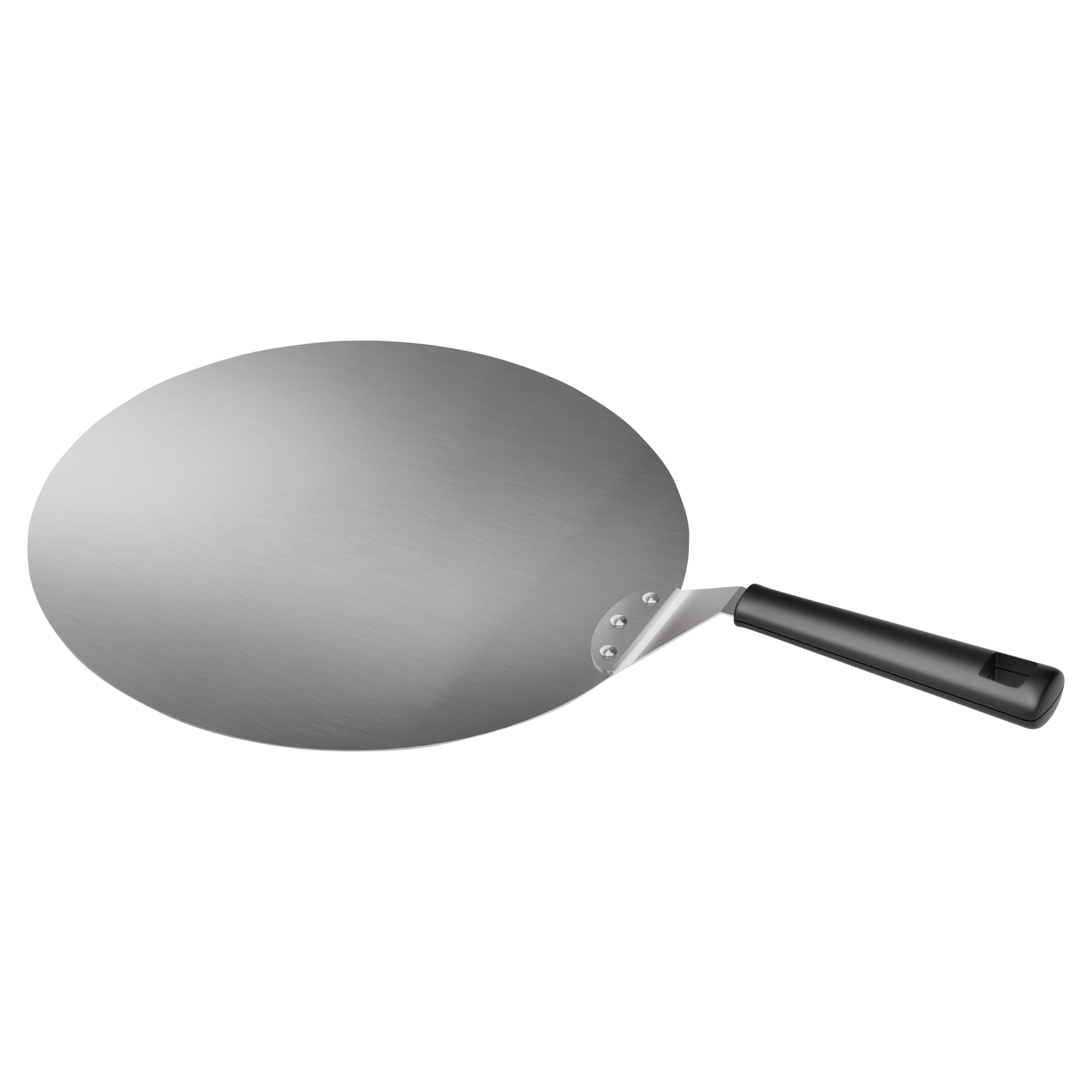 Ein runder Pizzaschieber aus Metall mit schwarzem Griff.