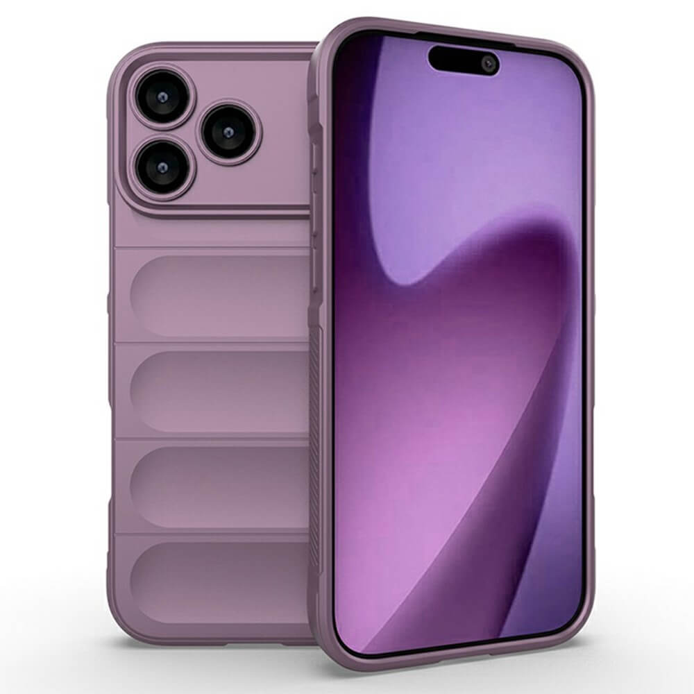 Custodia viola per telefono con tre lenti e design trapuntato. Il display è visibile.