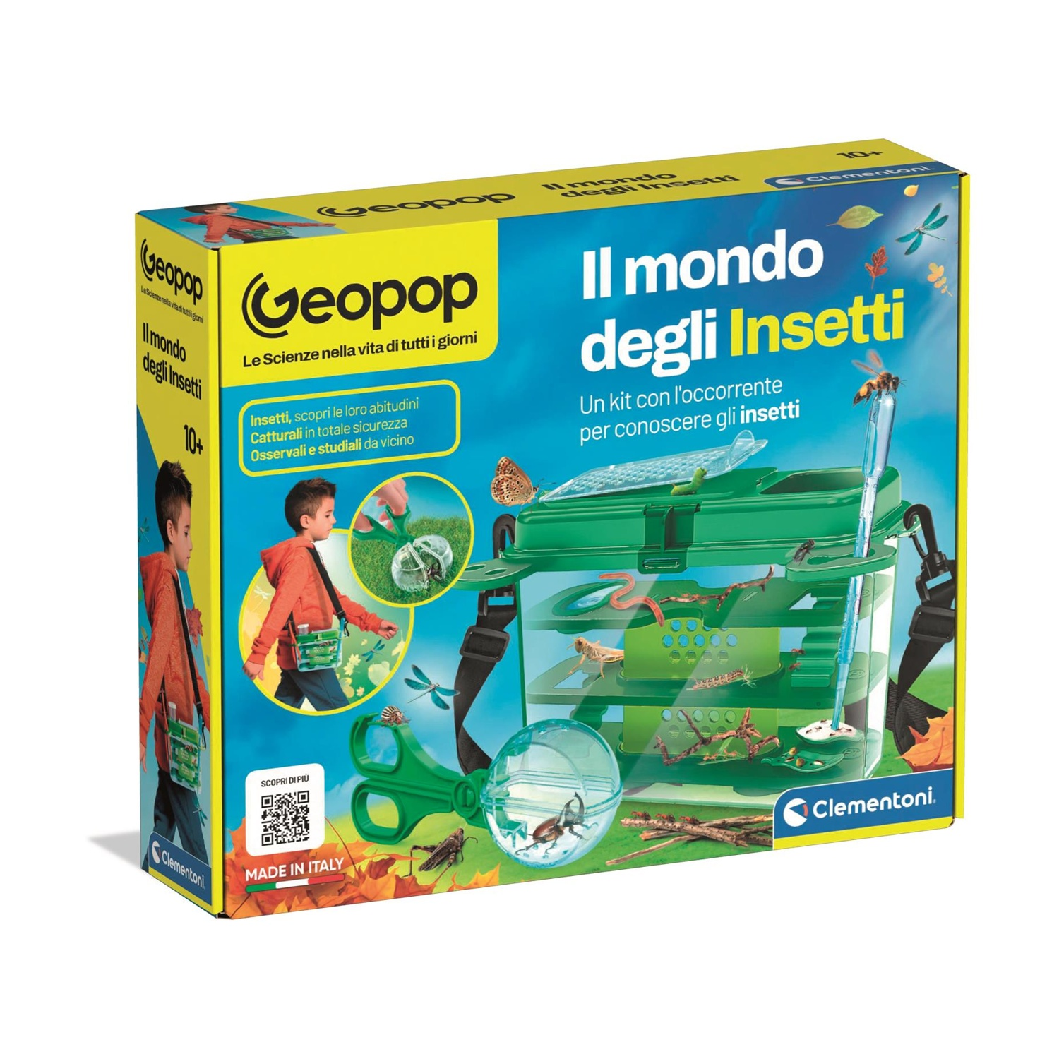 Confezione di un kit di osservazione insetti con lente, pinze e contenitori.
