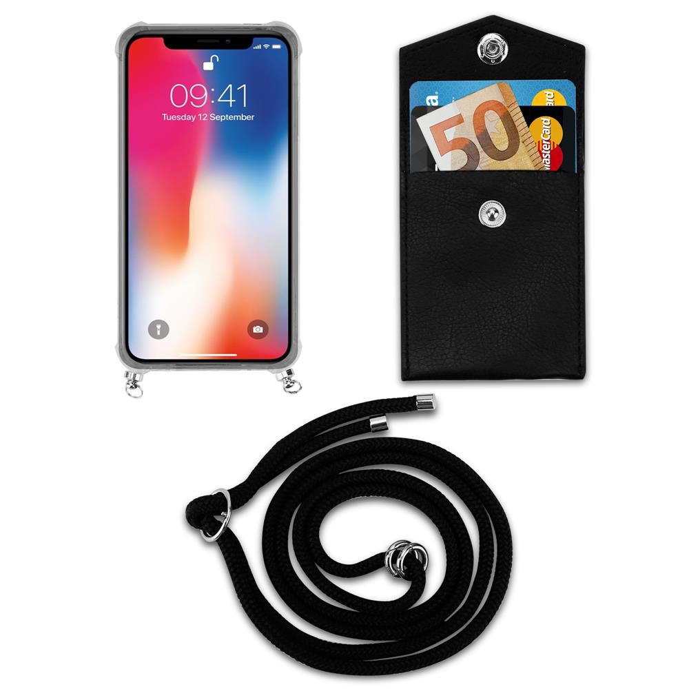 Uno smartphone con schermata di blocco, un portafoglio nero con soldi e carta, un cordino nero.