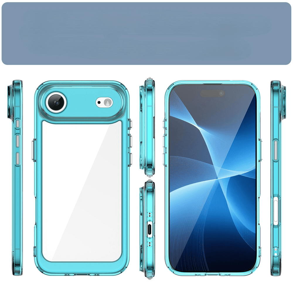Coque turquoise pour téléphone avec fenêtre transparente et découpe caméra, vues multiples.