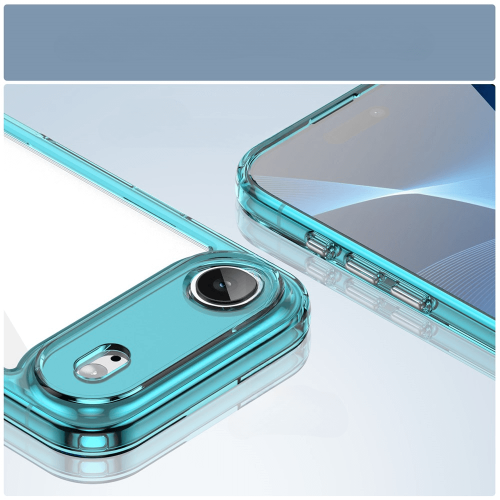 Coque de téléphone turquoise transparente avec découpe caméra et boutons.