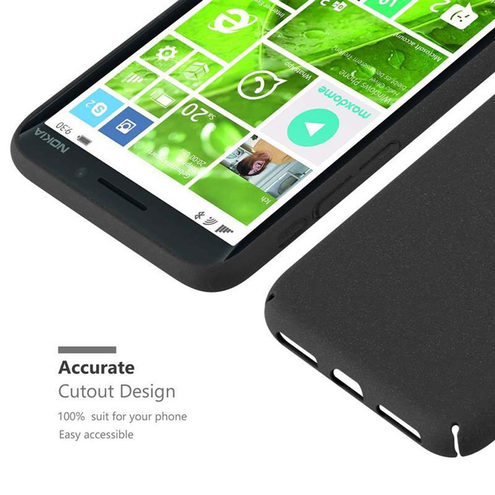 Ein schwarzes Handy mit einem bunten Bildschirm und einer Hülle daneben.