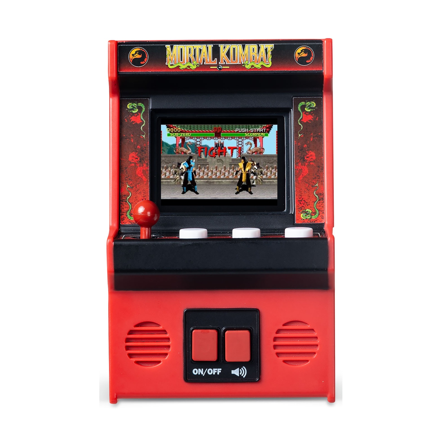 Un mini gioco arcade rosso di Mortal Kombat con uno schermo che mostra Sub-Zero contro Scorpion.