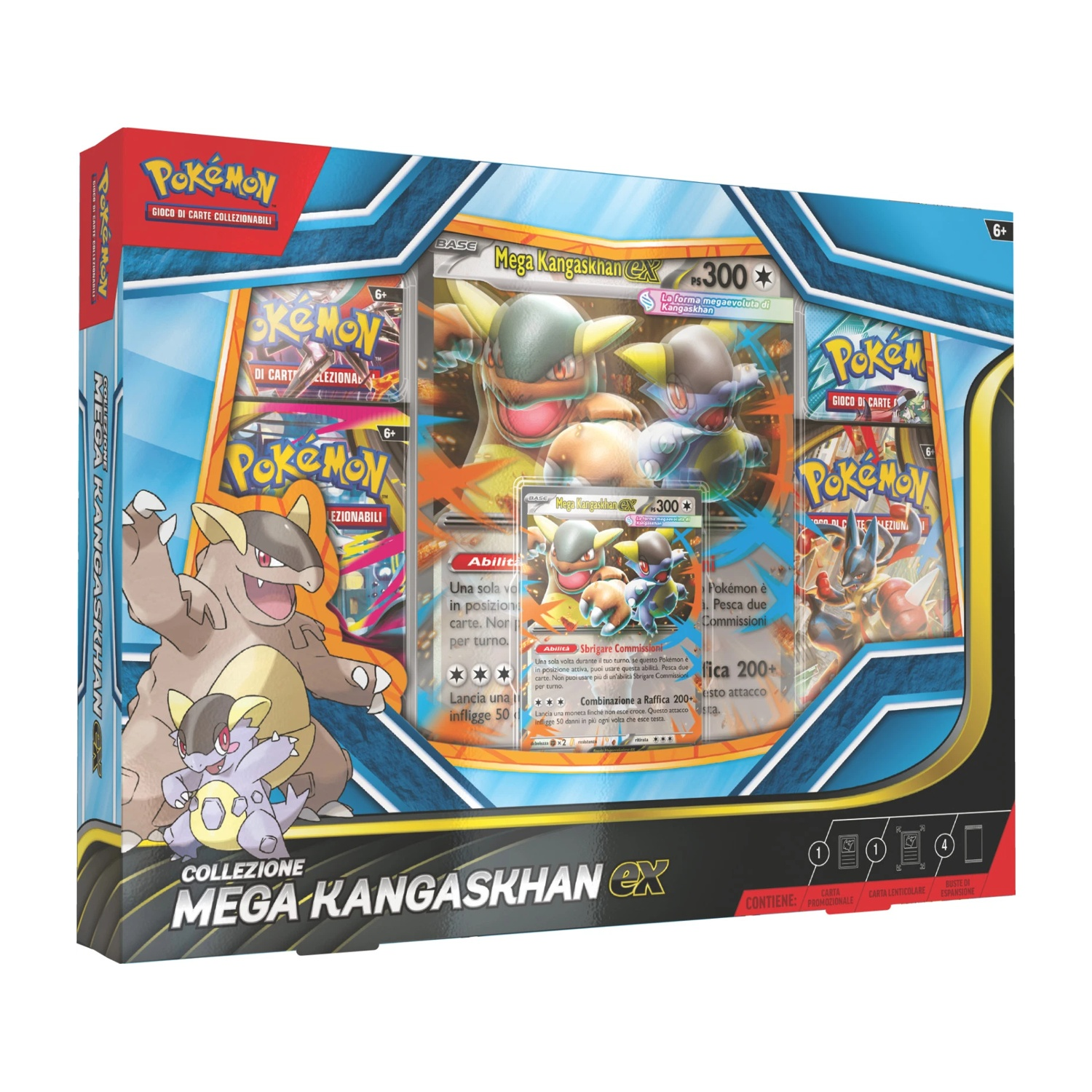 Box collezione gioco di carte Pokémon Mega Kangaskhan EX con carte e accessori.