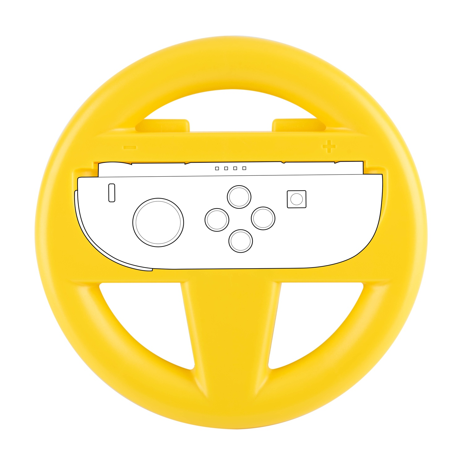 Un volante giallo con una vista schematica di un controller.