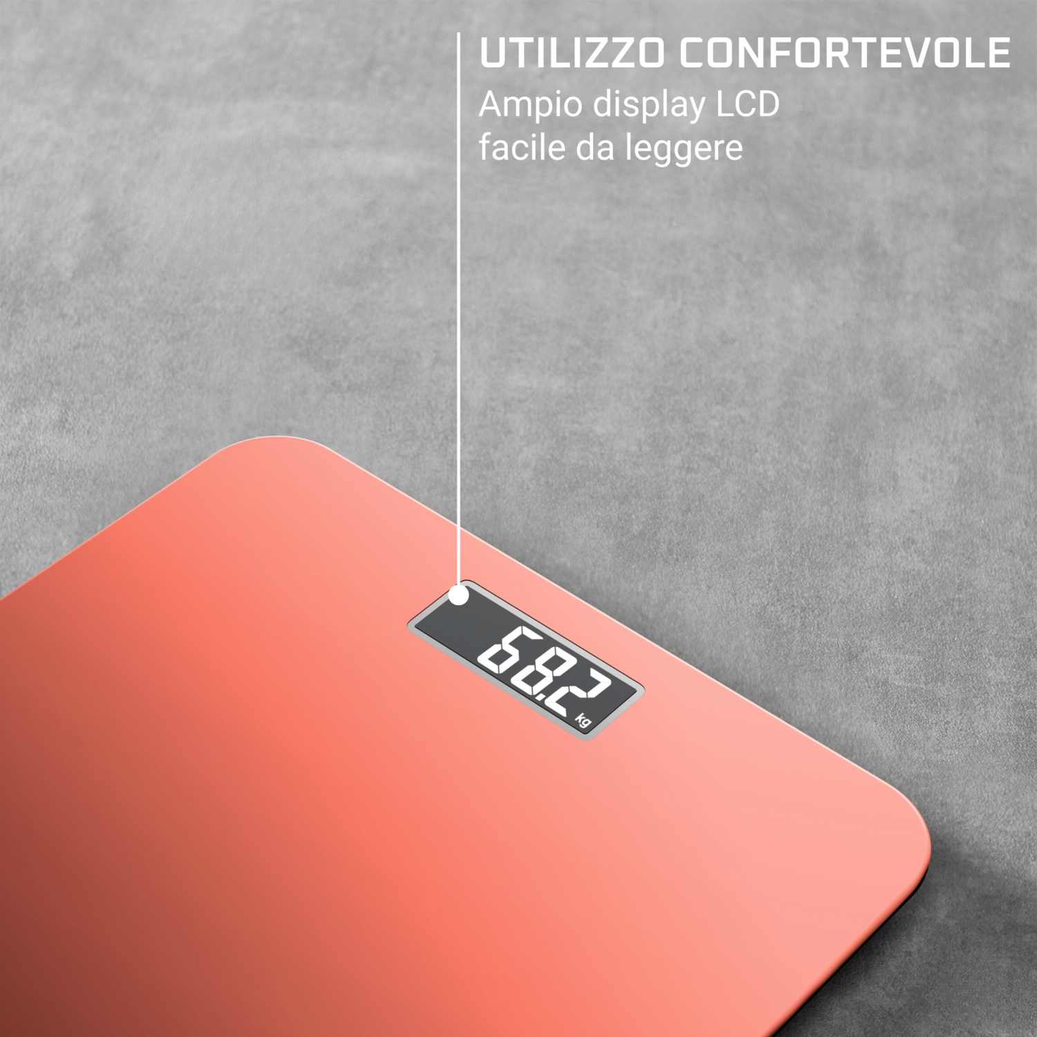 Eine korallenrote Waage mit einem LCD-Display, das 68,2 kg anzeigt.