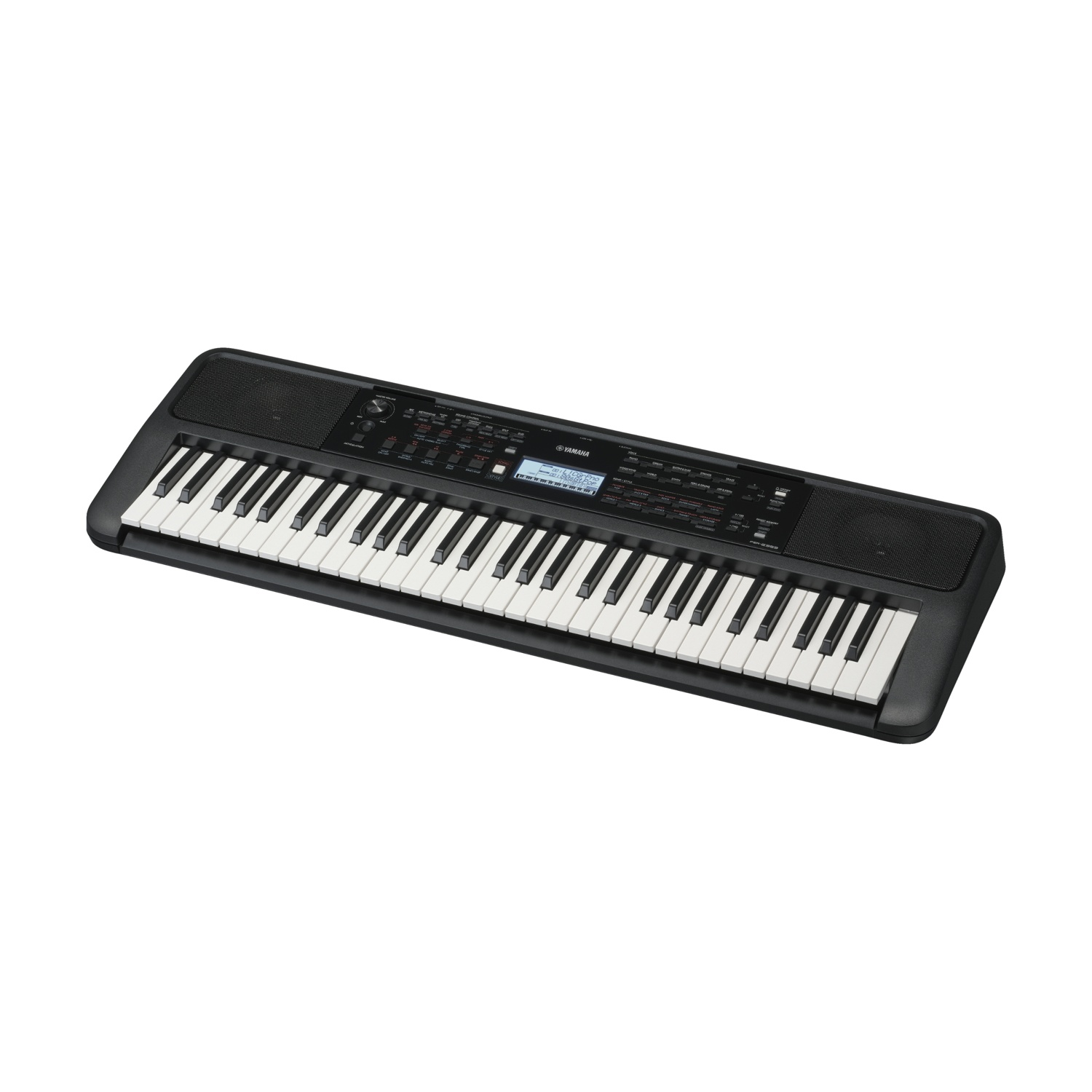Czarna Yamaha keyboard z białymi i czarnymi klawiszami i małym ekranem LCD.