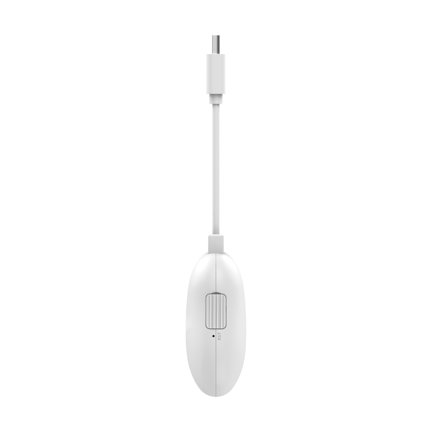 Un cavo USB-C bianco con connettore sottile e custodia ovale con rotella.
