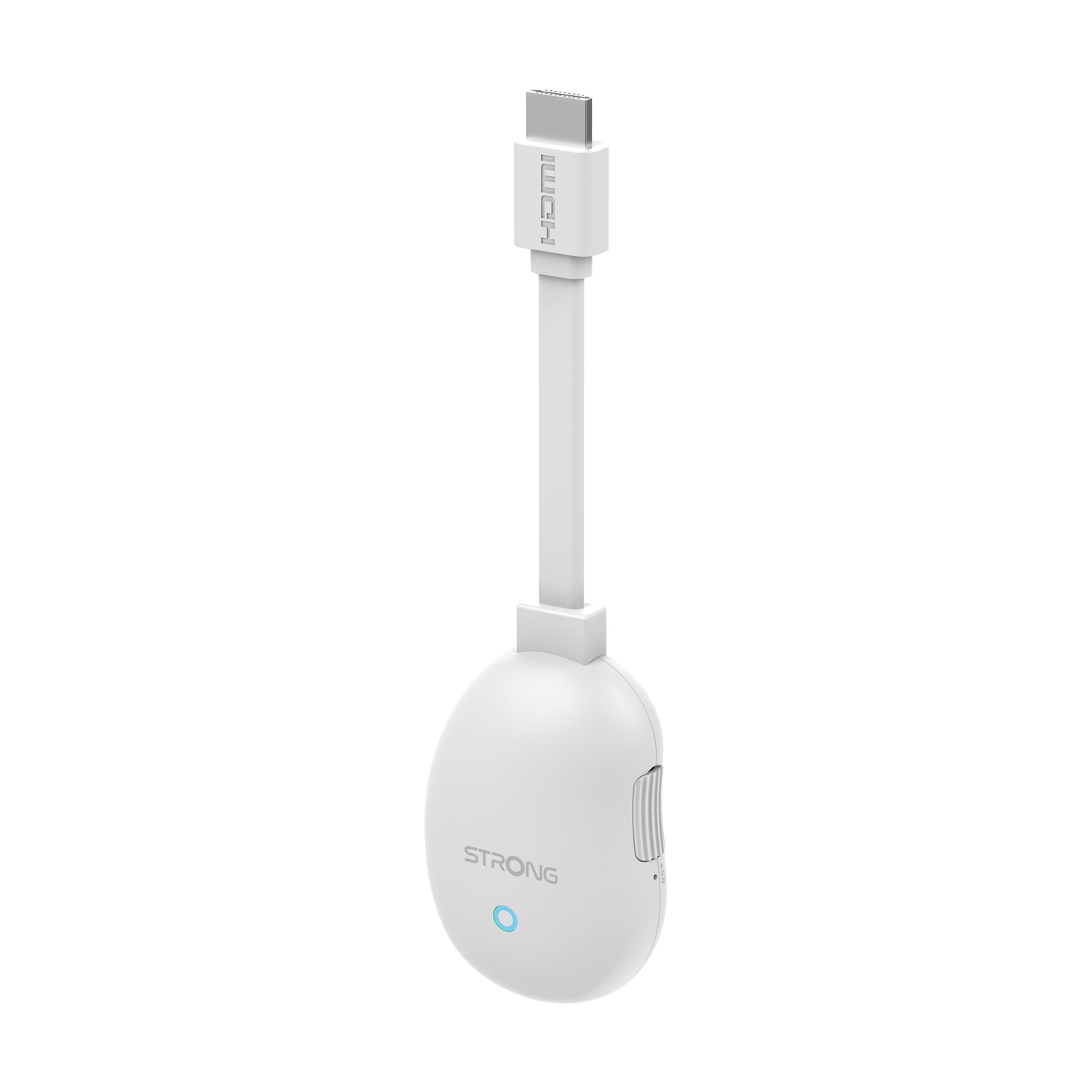 Un dongle HDMI bianco con connettore HDMI e luce blu.