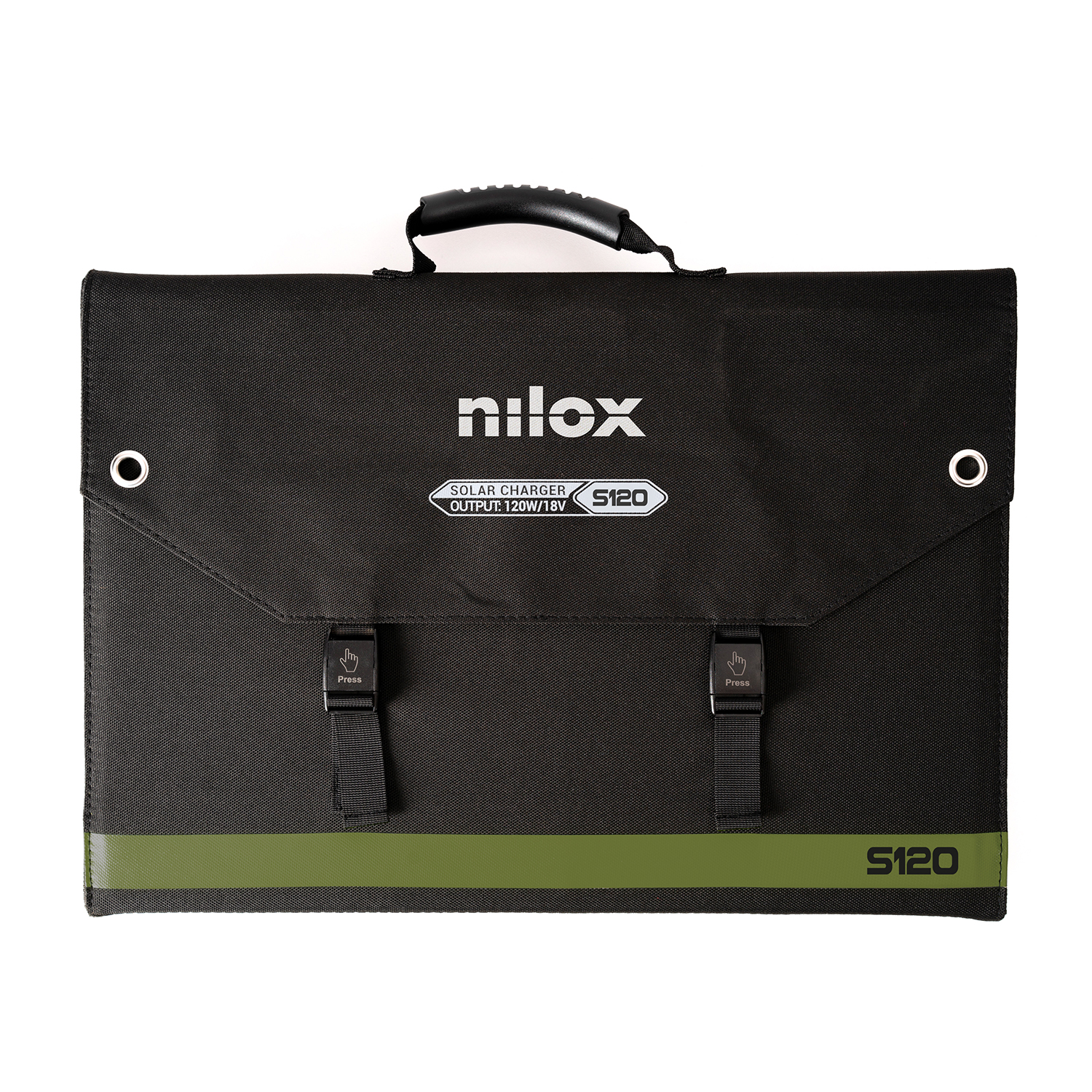 Czarna ładowarka słoneczna Nilox S120 z uchwytem i zielonym paskiem.
