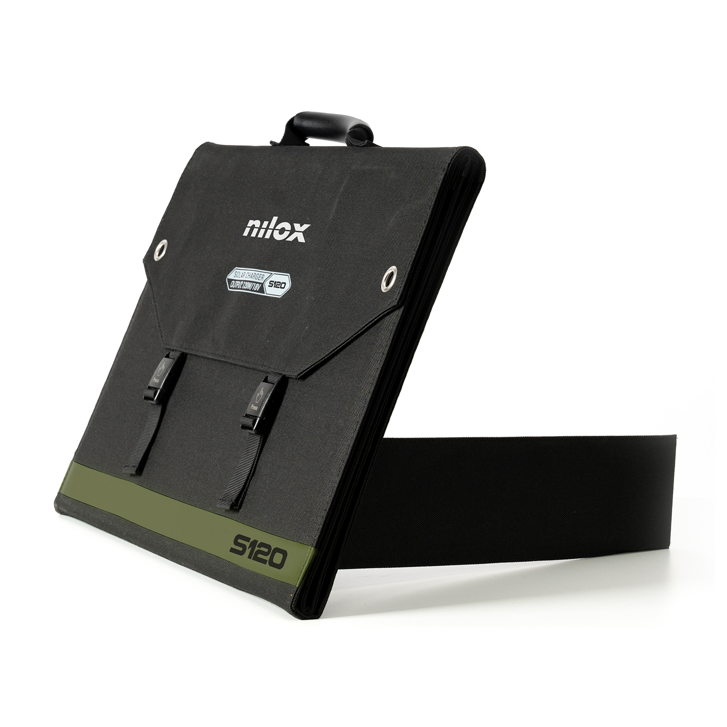 Czarny panel słoneczny ze stojakiem i zieloną linią akcentującą. Opis S120.