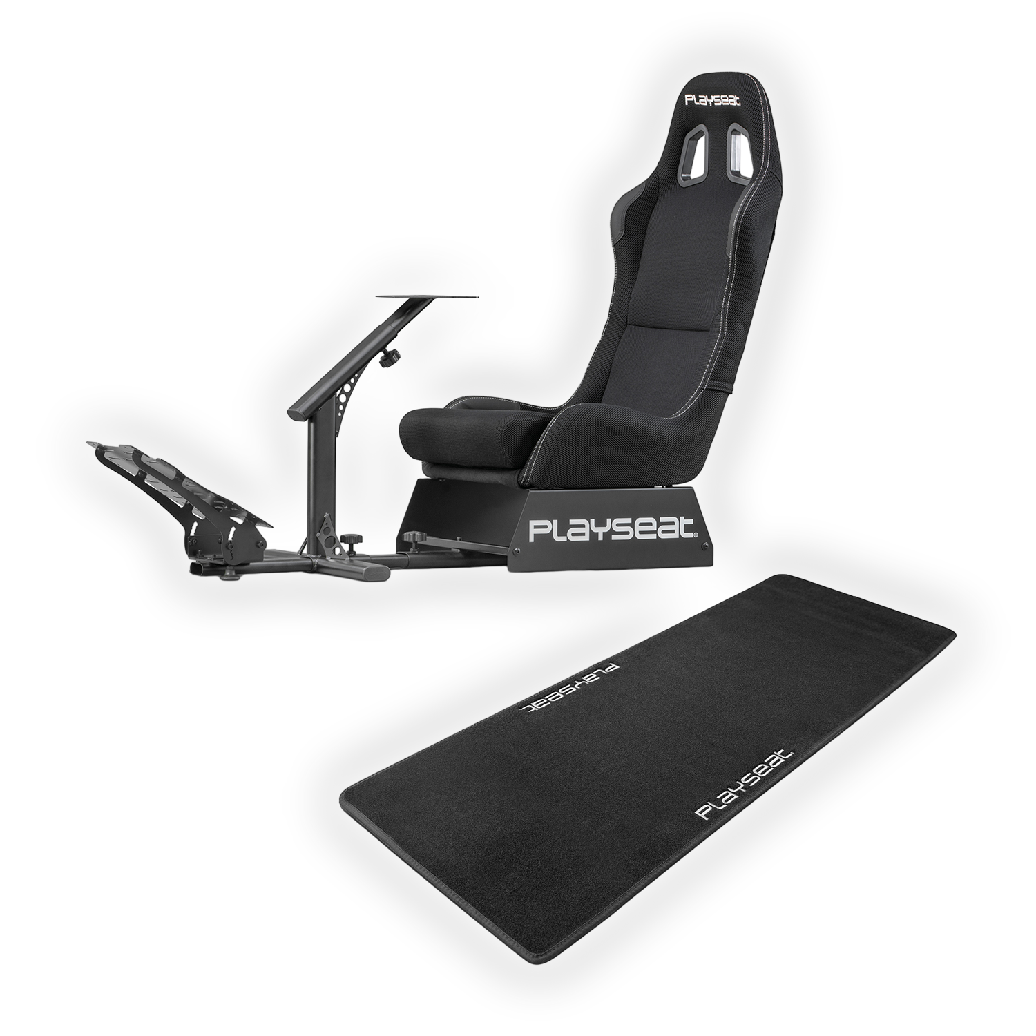 Schwarzer Rennspiel-Sitz mit Pedalhalterung und Fußmatte mit Playseat-Logo.