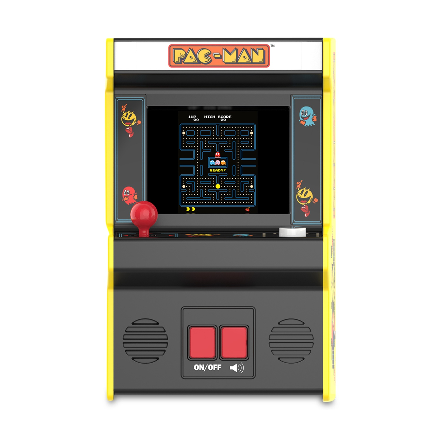 Una cabina arcade Pac-Man gialla con schermo di gioco, joystick e pulsanti.