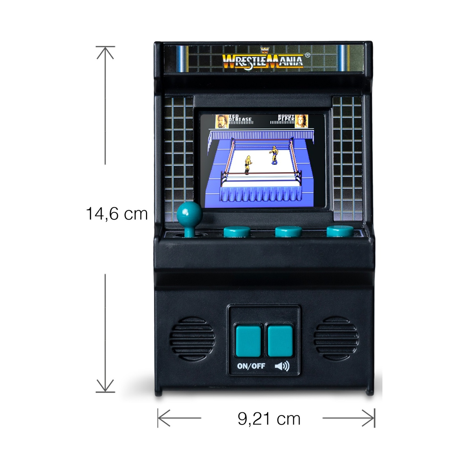 Una mini macchina arcade nera con un gioco di wrestling sullo schermo.