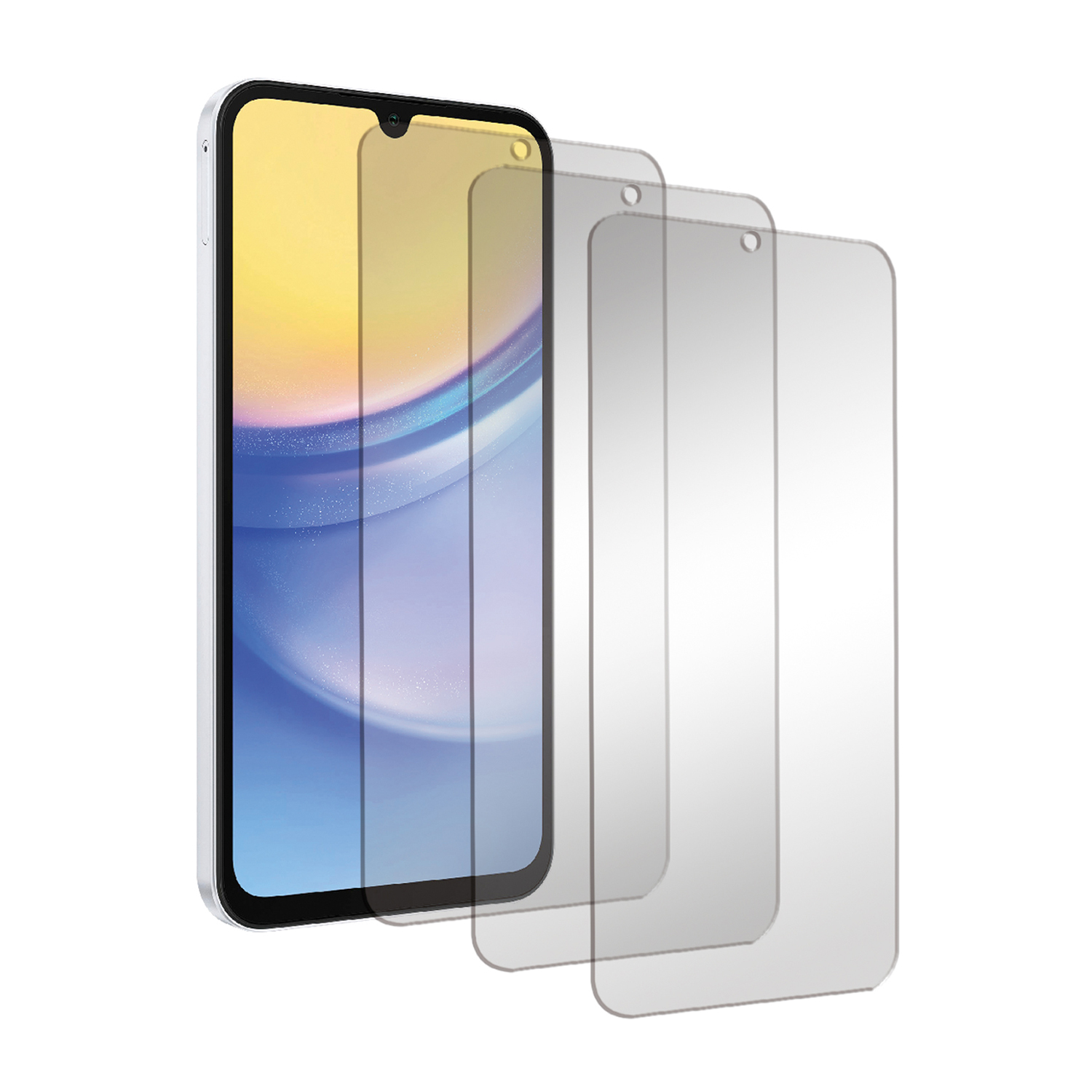 Uno smartphone con tre protezioni schermo davanti, sfondo bianco.