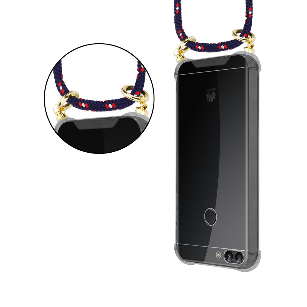 Uno smartphone nero in custodia trasparente con cordino.