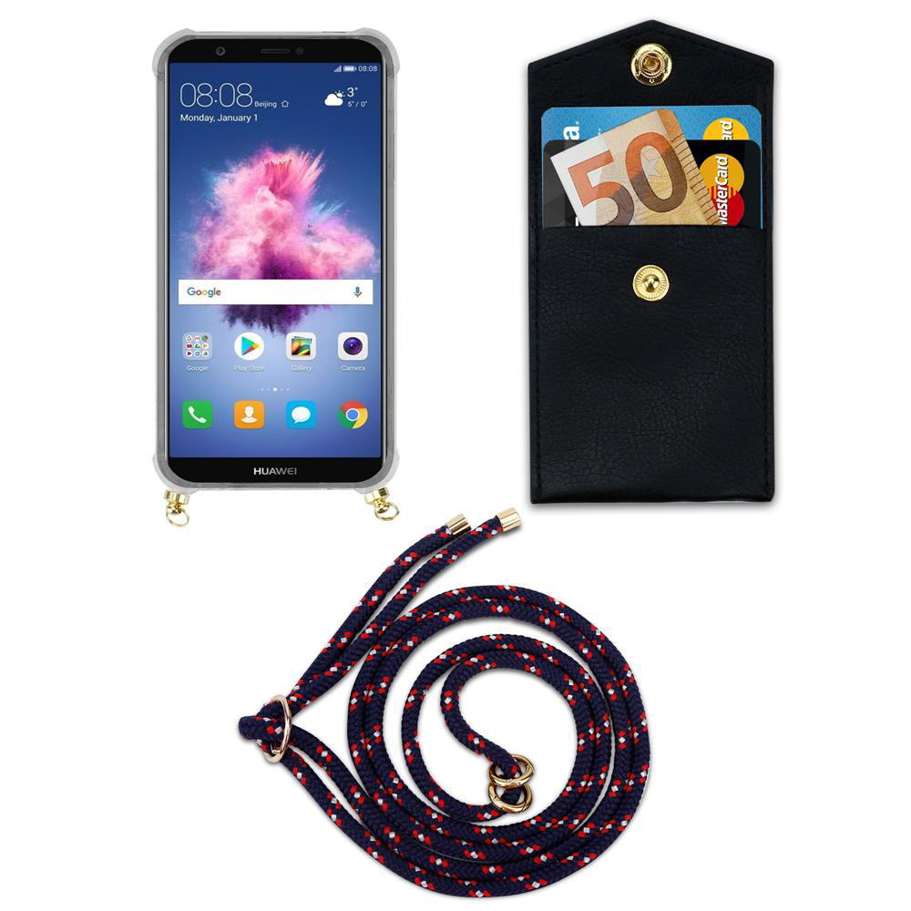 Smartphone in custodia, portafoglio con soldi e carte, e cordino.